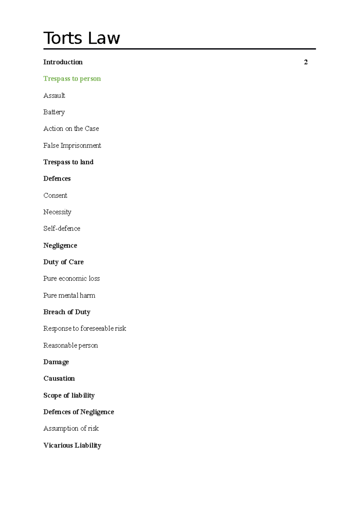 Torts Law (200008) Final Exam Notes 2020 - Torts Law Introduction 2 ...