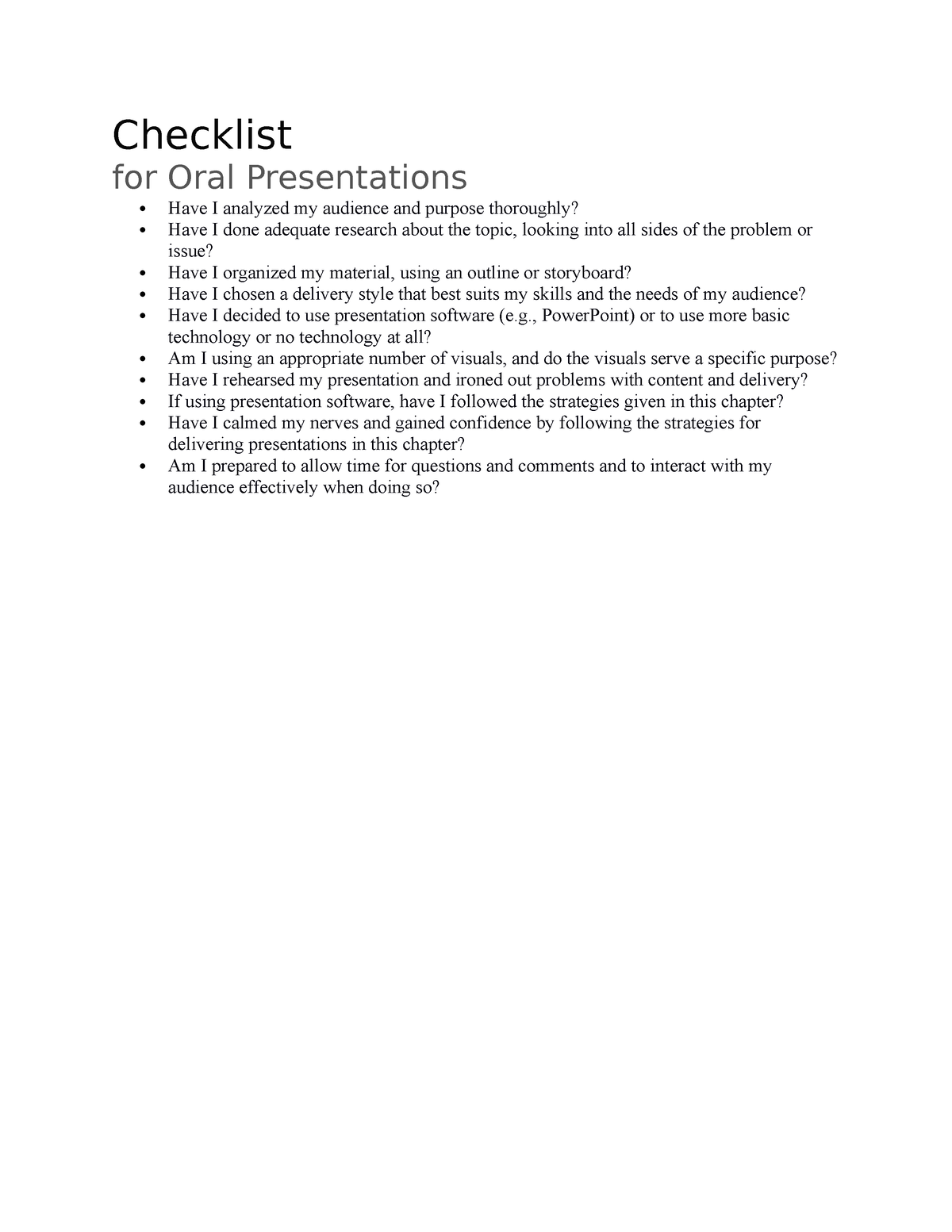 oral presentation checklist for students