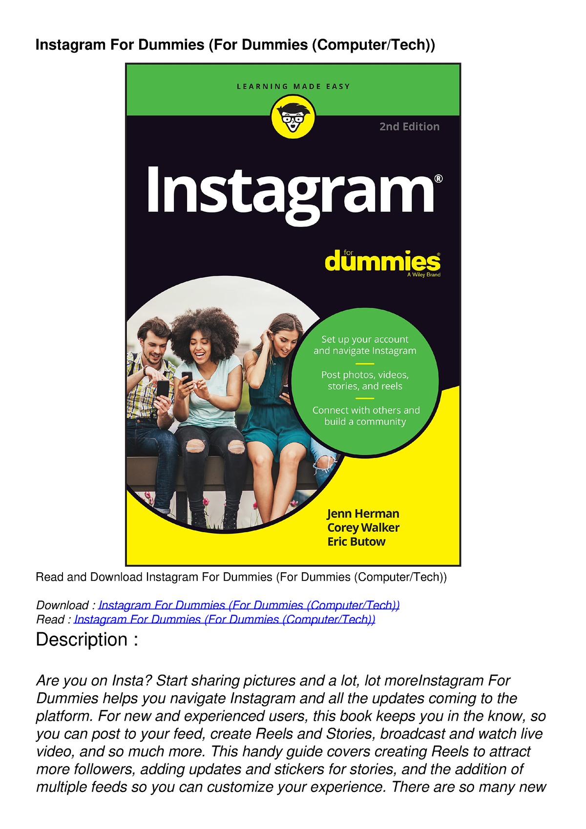 Read Ebook [PDF] Instagram For Dummies (For Dummies (Computer/Tech ...