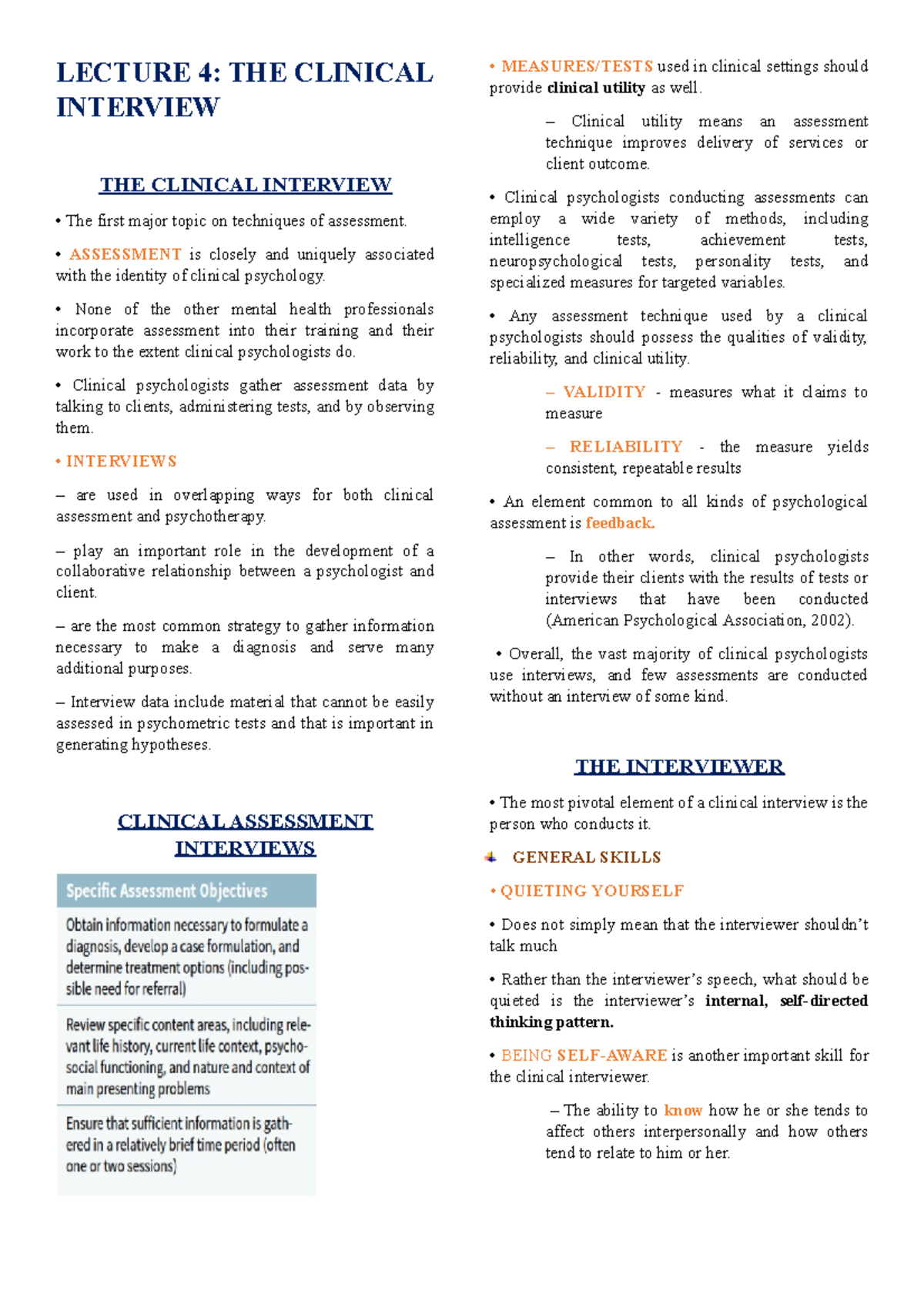 Clinpsych Lecture 4&5 - LECTURE 4: THE CLINICAL INTERVIEW THE CLINICAL ...