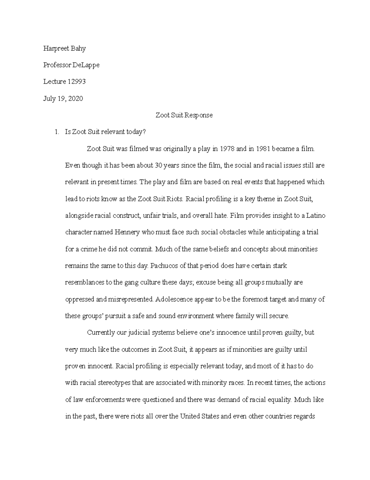 Zoot suit movie notes Harpreet Bahy Professor DeLappe Lecture 12993