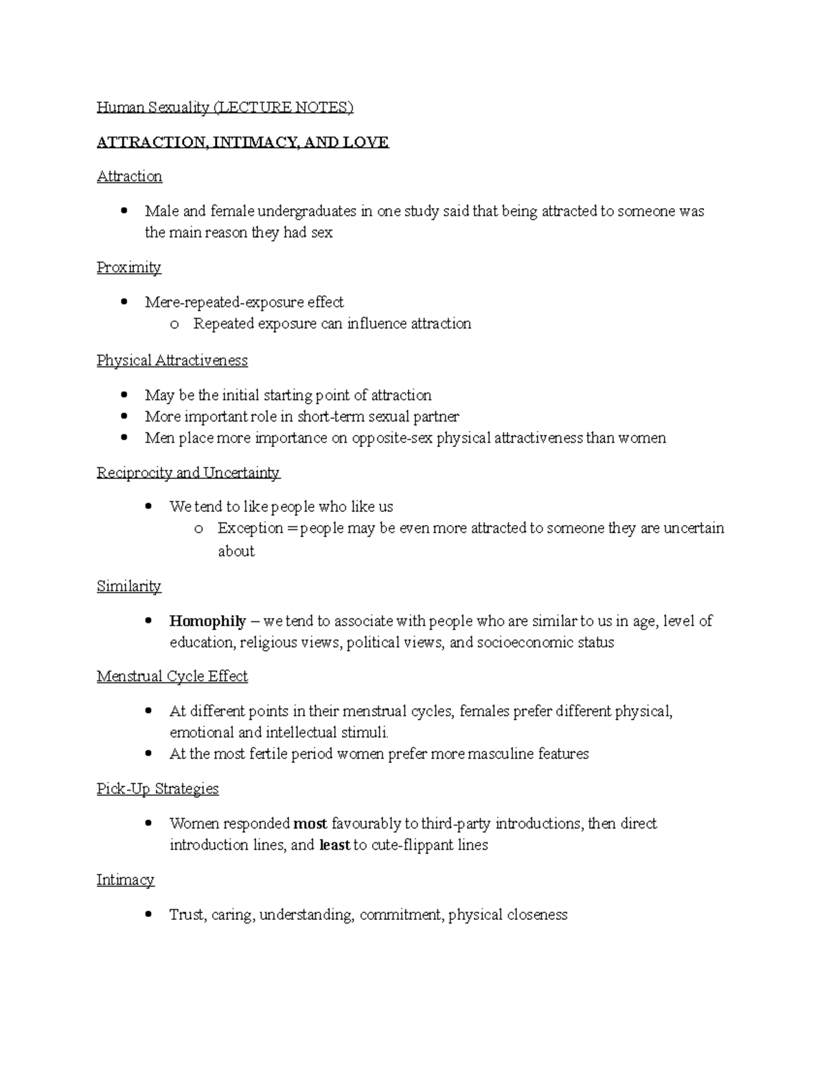 Human Sexuality Attraction Intimacy AND LOVE WEEK 2 ( Lecture Notes ...
