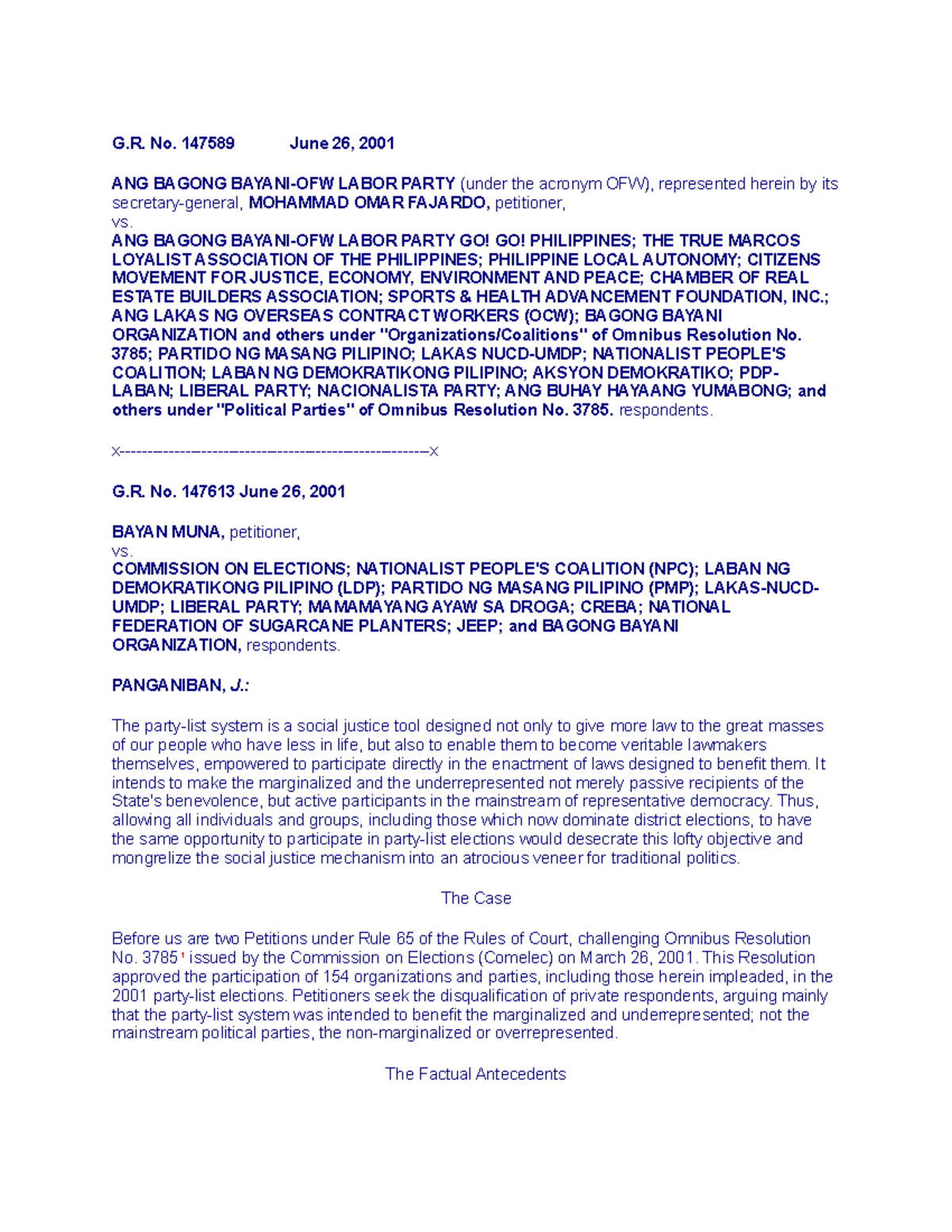 45 - election law case - G. No. 147589 June 26, 2001 ANG BAGONG BAYANI ...