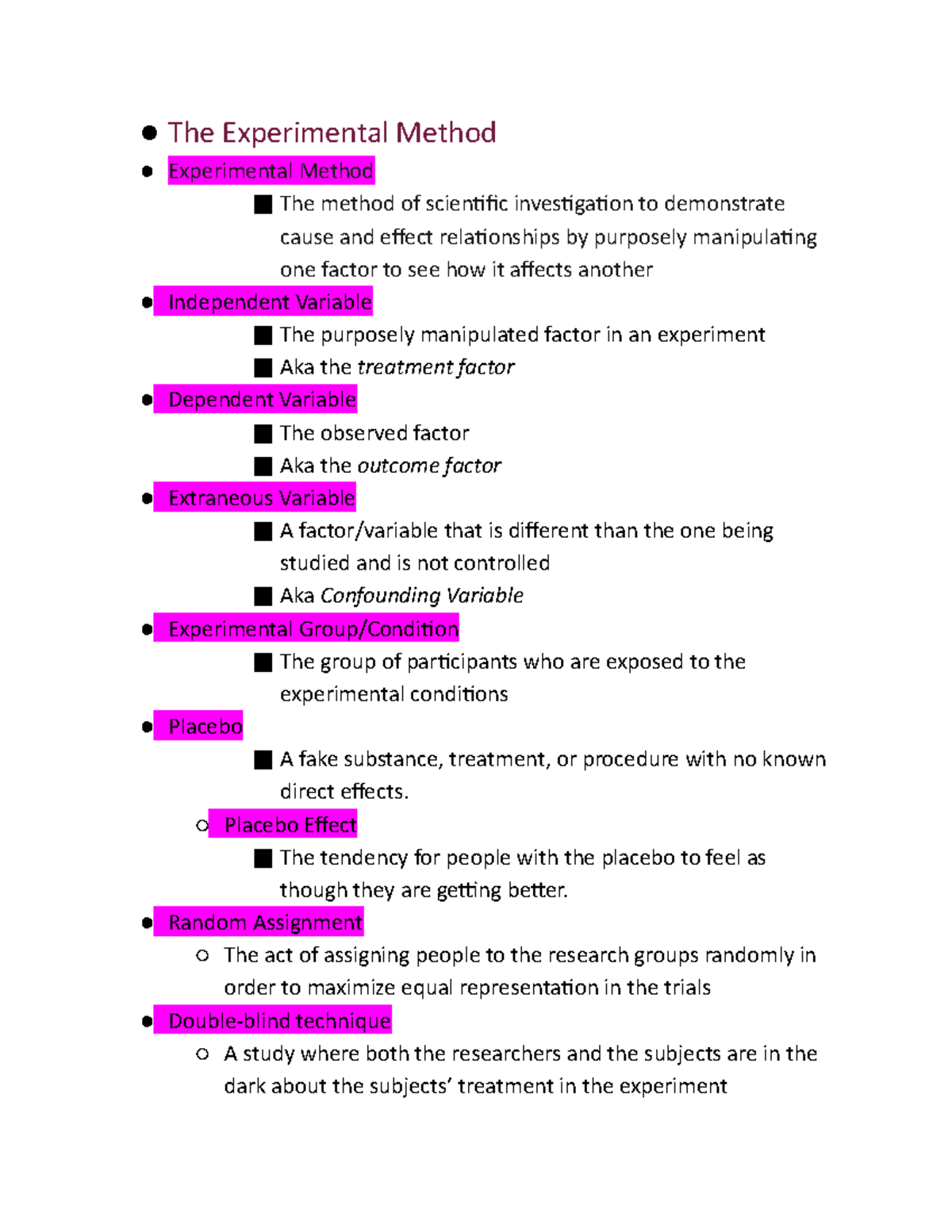 The Experimental Method - Placebo Effect The tendency for people with ...