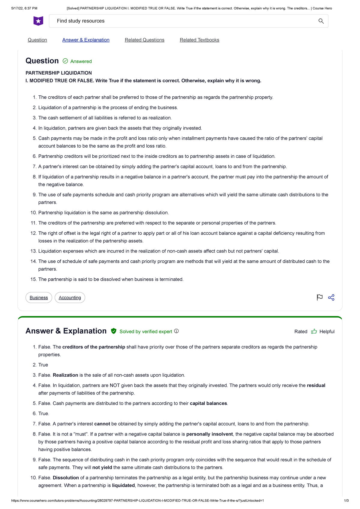 [Solved] Partnership Liquidation I. Modified TRUE OR False. Write True ...