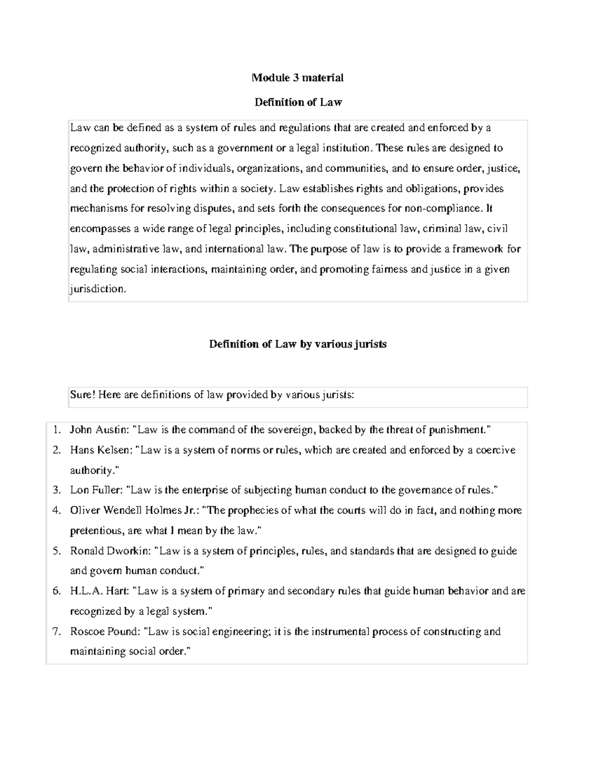 Module 3 material nothing Module 3 material Definition of Law Law can be defined as a system