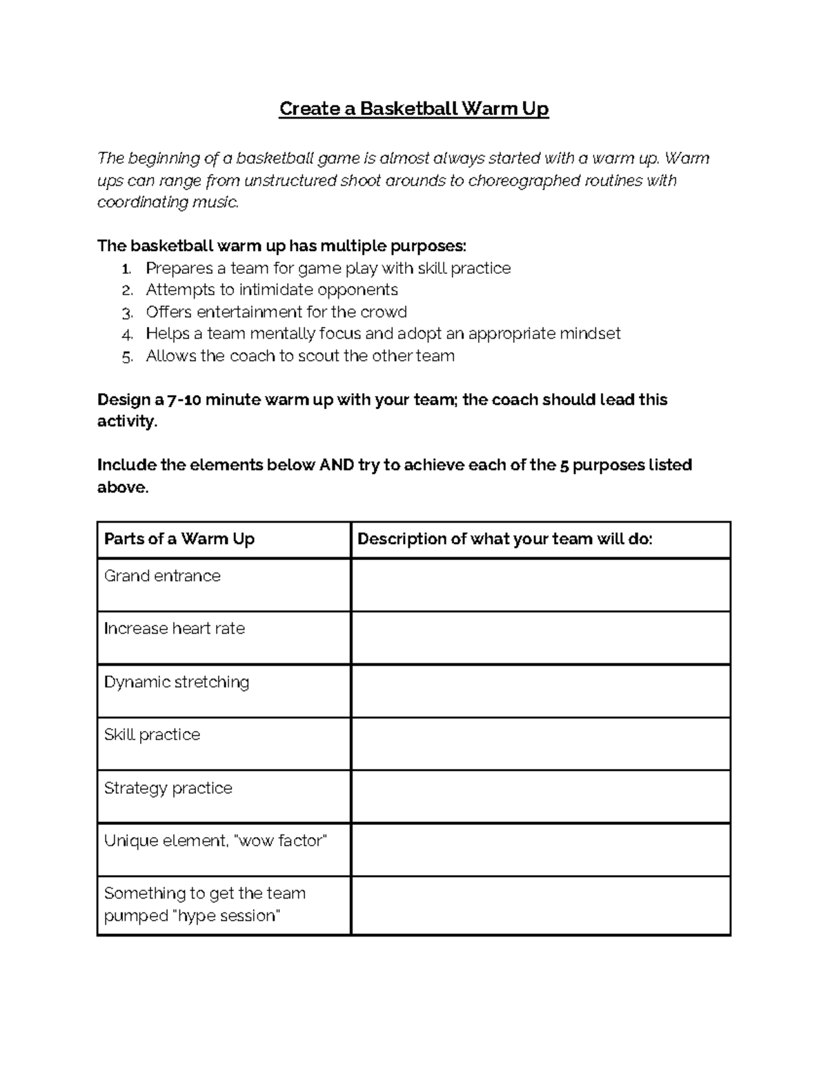 PE Worksheet Create a Basketball WarmUp Design an Effective WarmUp