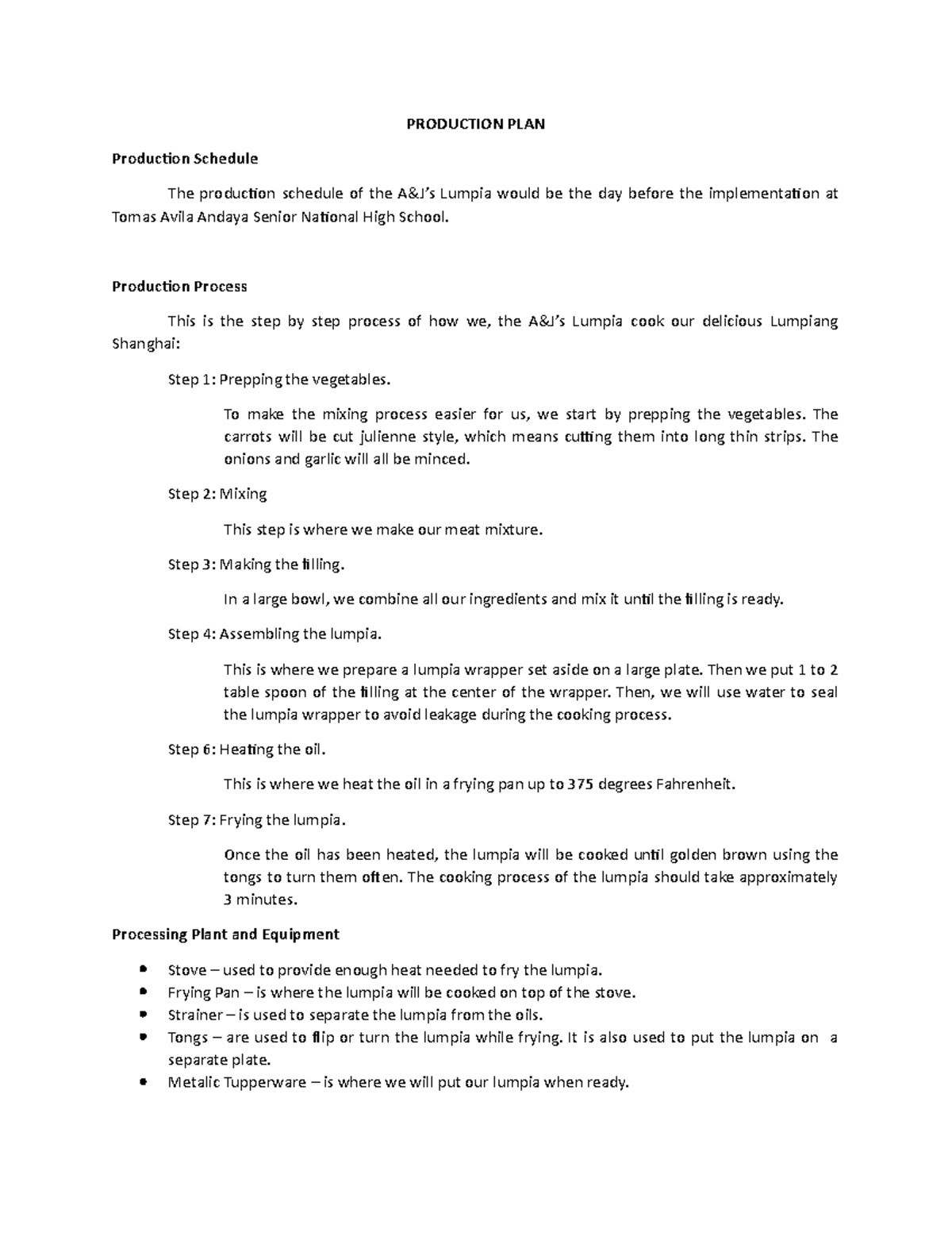 production and technical plan in business plan example