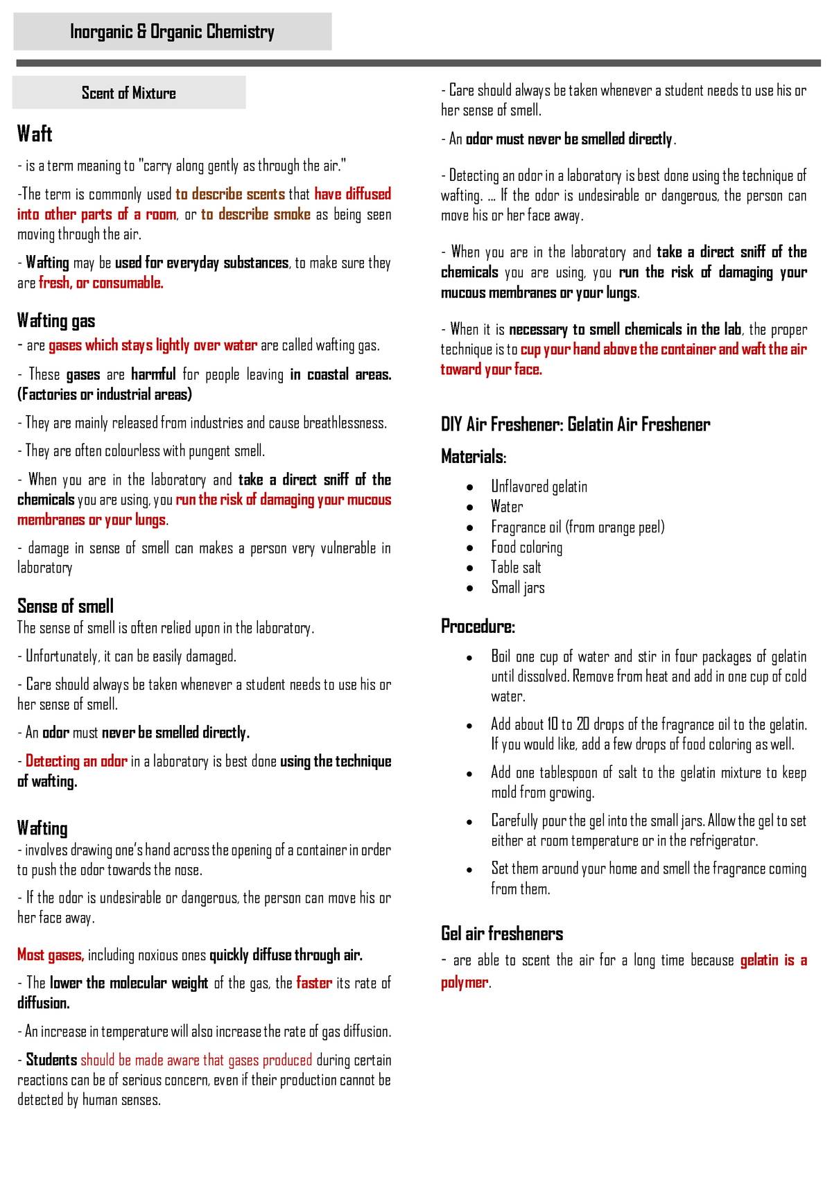 Inorganic AND Organic CHEM - Midterms LAB Summary - Waft is a term ...