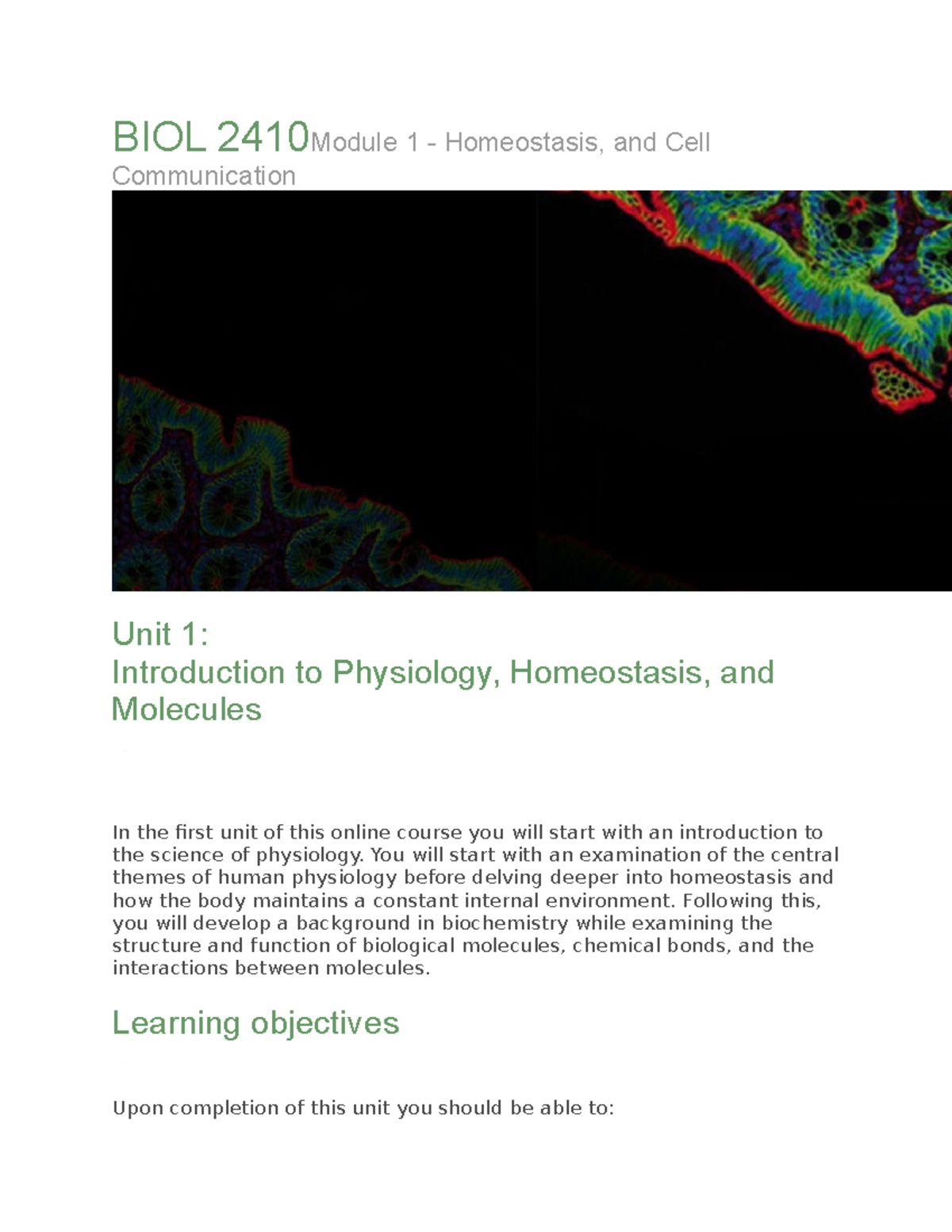 BIOL 2410 - Unit Summaries - BIOL 2410Module 1 - Homeostasis, and Cell ...