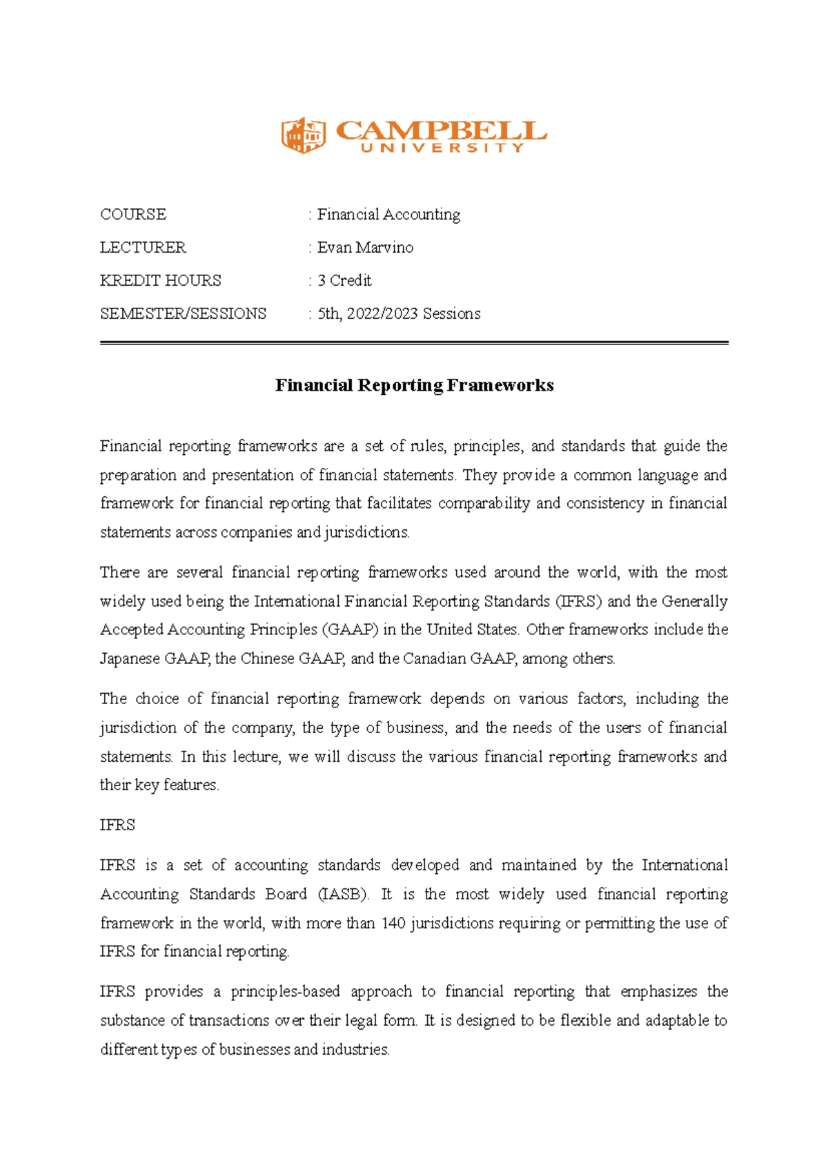 Lecture Notes Financial Reporting Frameworks Financial Accounting ...