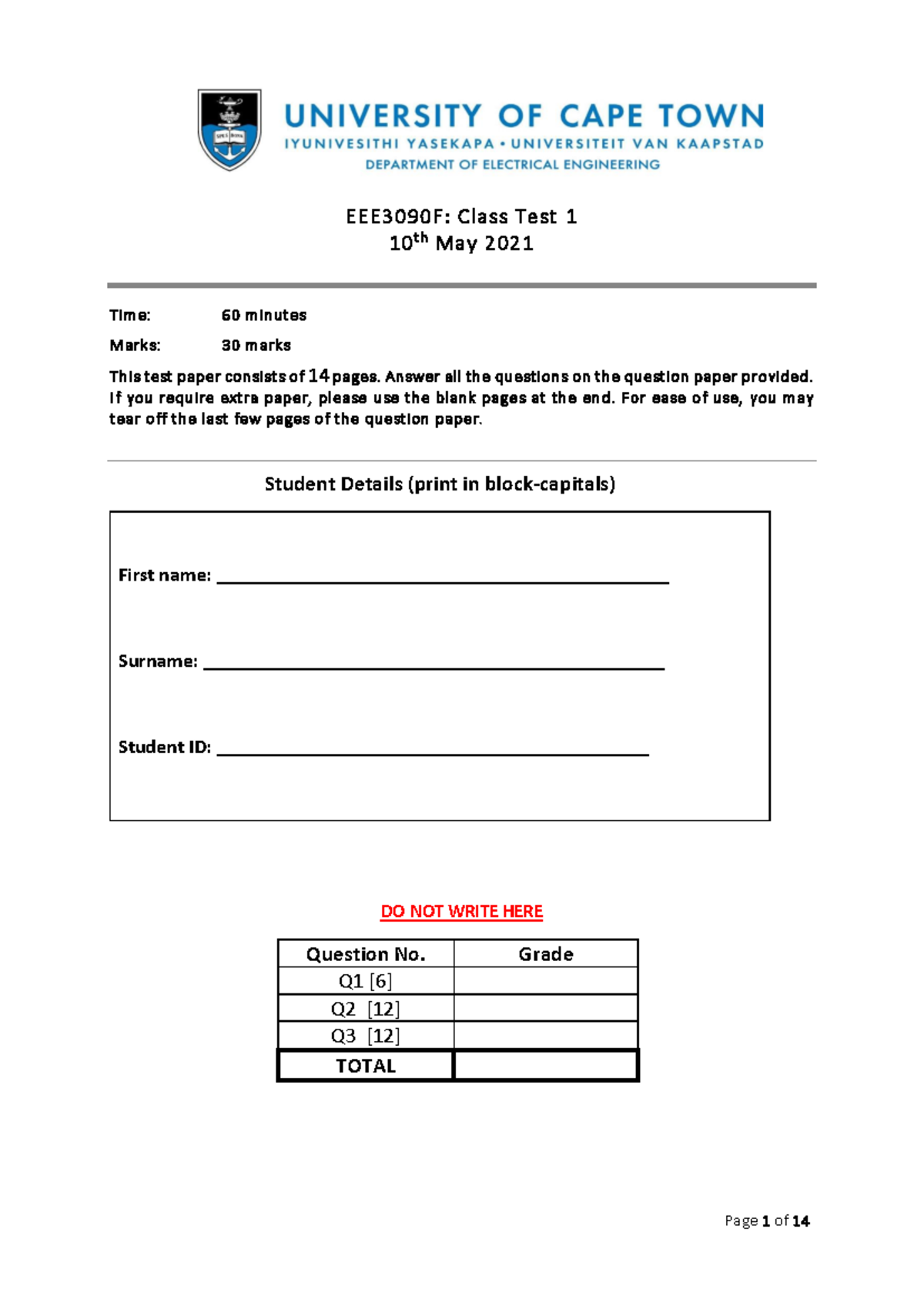 EEE3090F 2021 Class Test 1 - questions - EEE3090F: Class Test 1 10 t h ...