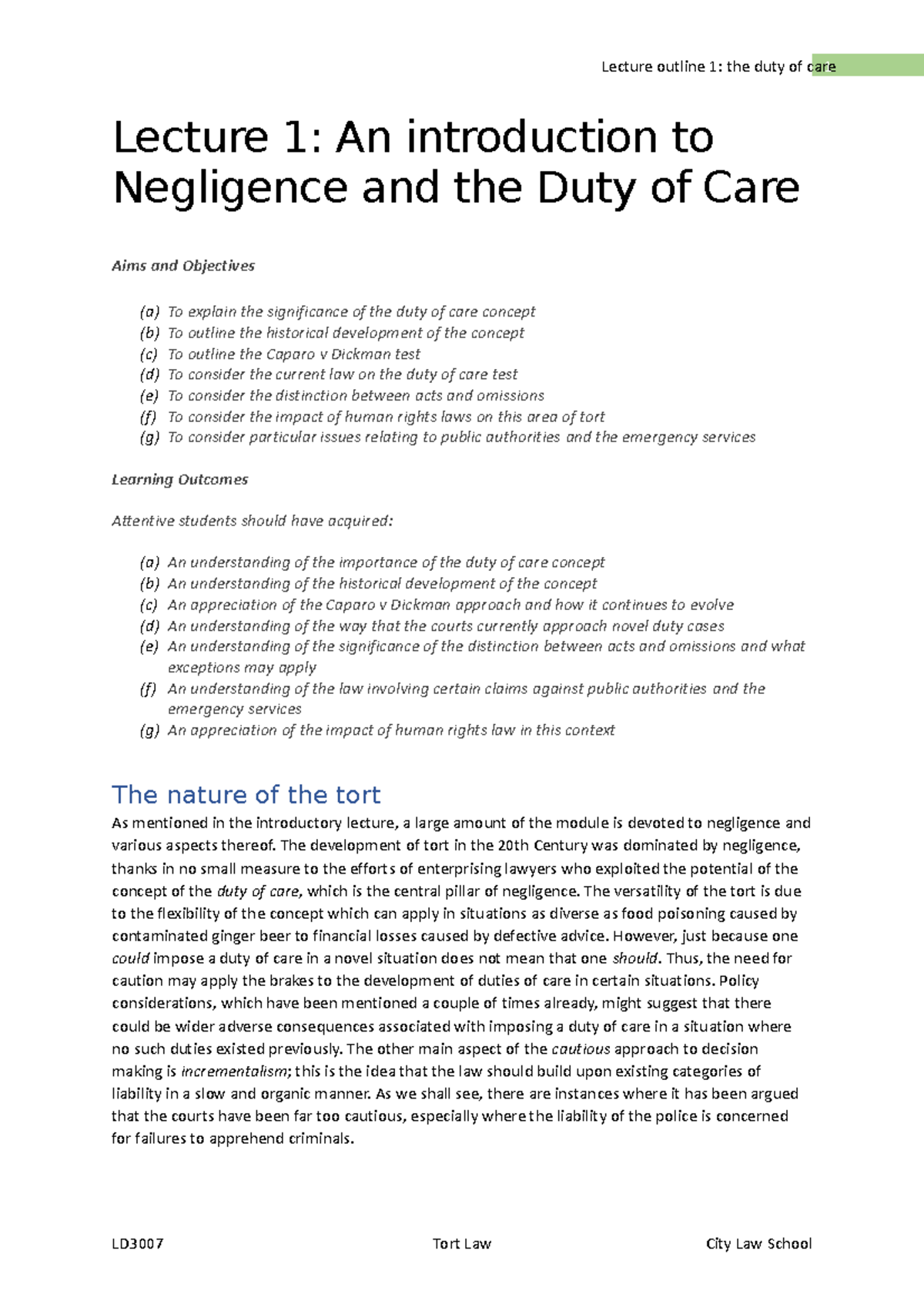 Tort (duty Of Care) - Copy - Lecture 1: An Introduction To Negligence ...