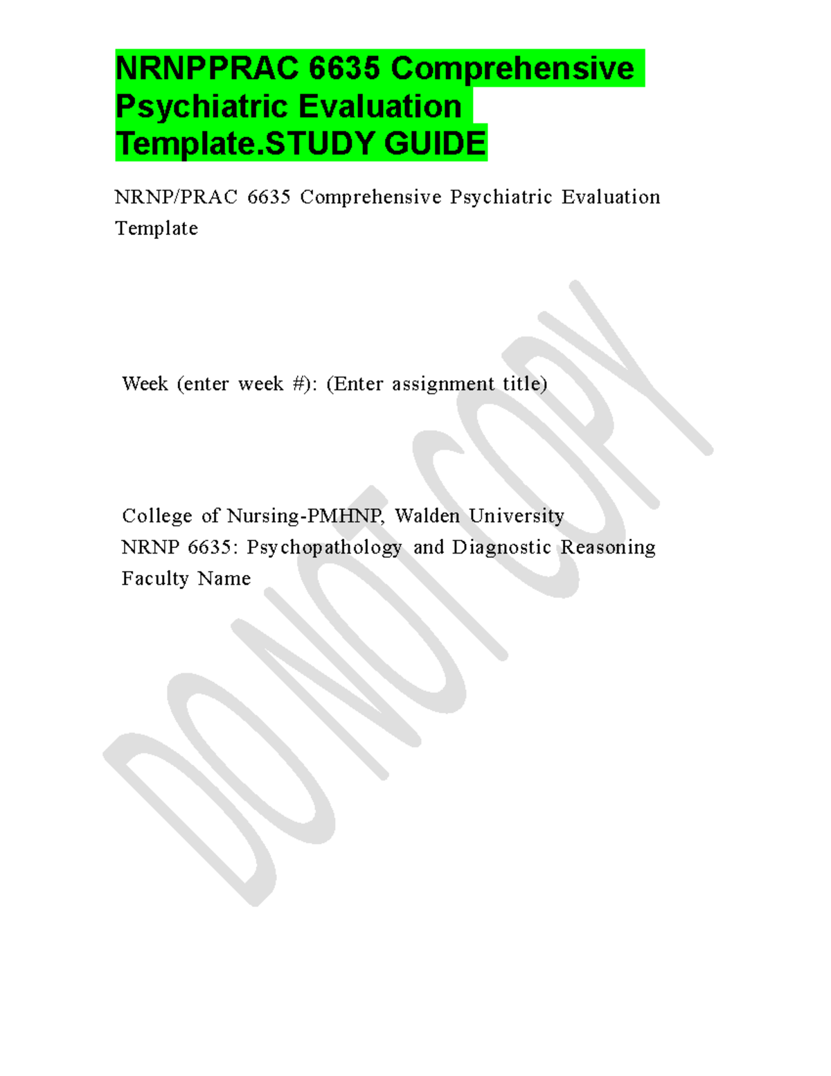 Nrnpprac 6635 Comprehensive Psychiatric Evaluation Template