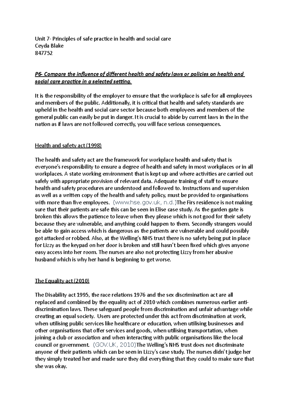 Unit 7 task 2 copy copy - Coursework - Unit 7- Principles of safe ...