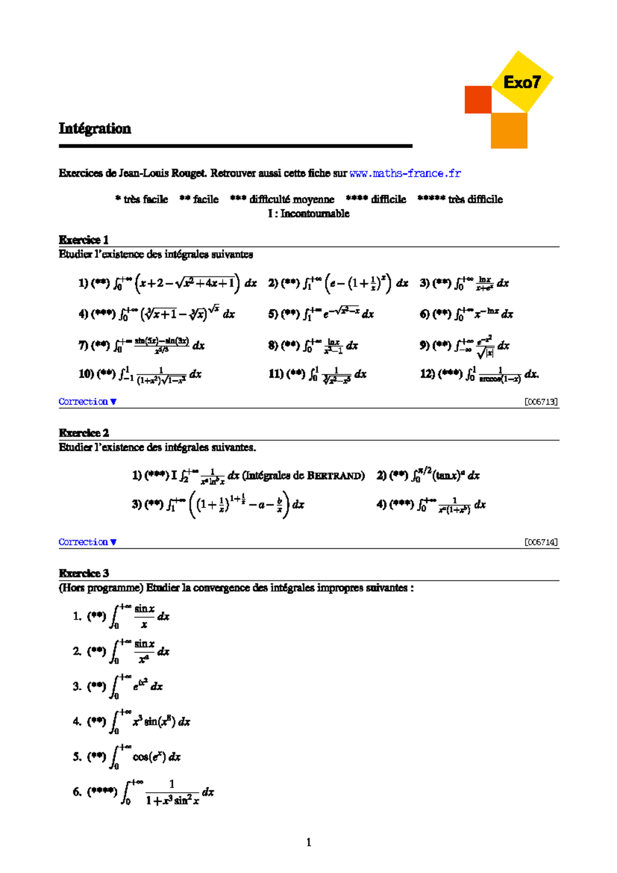 Exercices integrales gene - Exo7 Intégration Exercices de Rouget ...