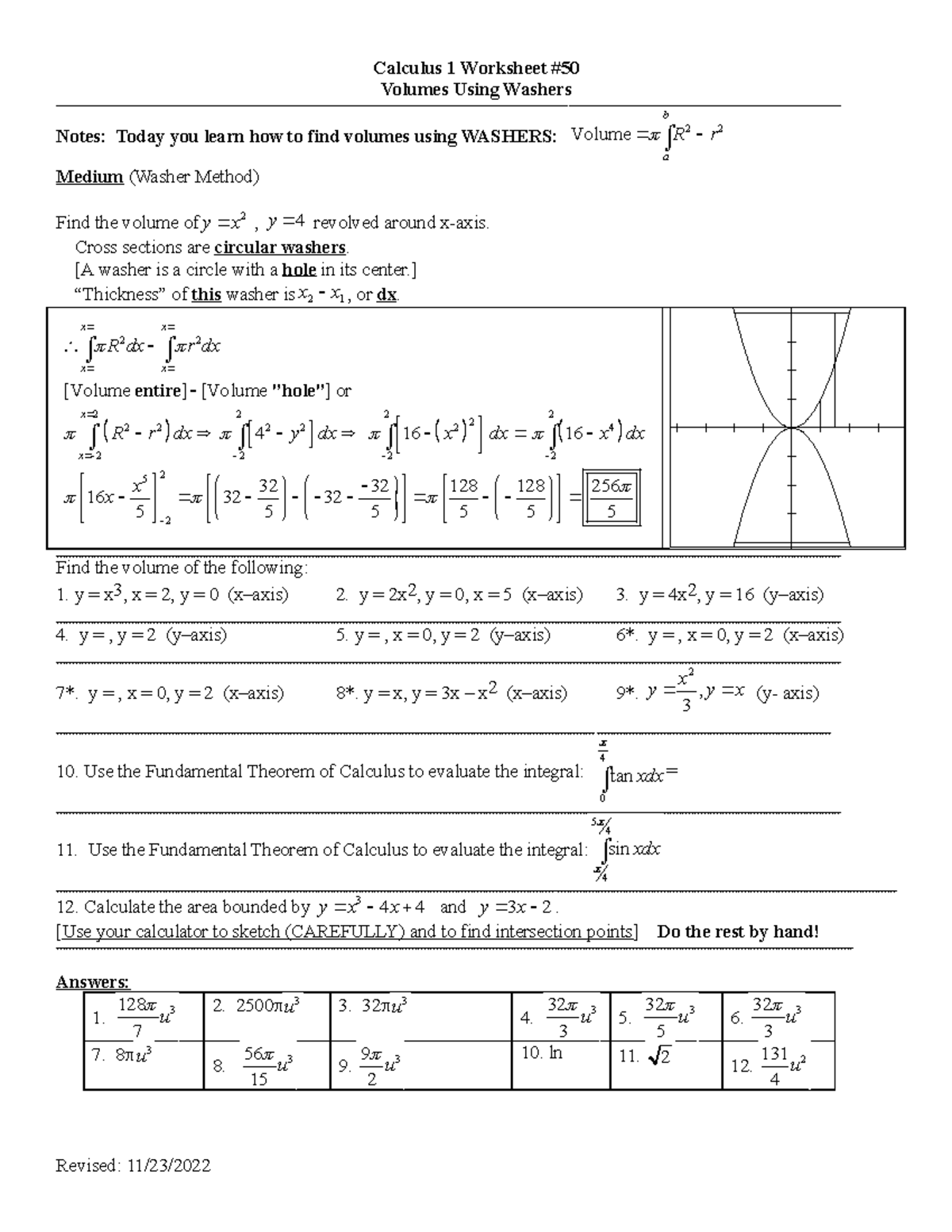 AB ws 050 Volumes Washers Calculus 1 Worksheet Volumes Using Washers Studocu