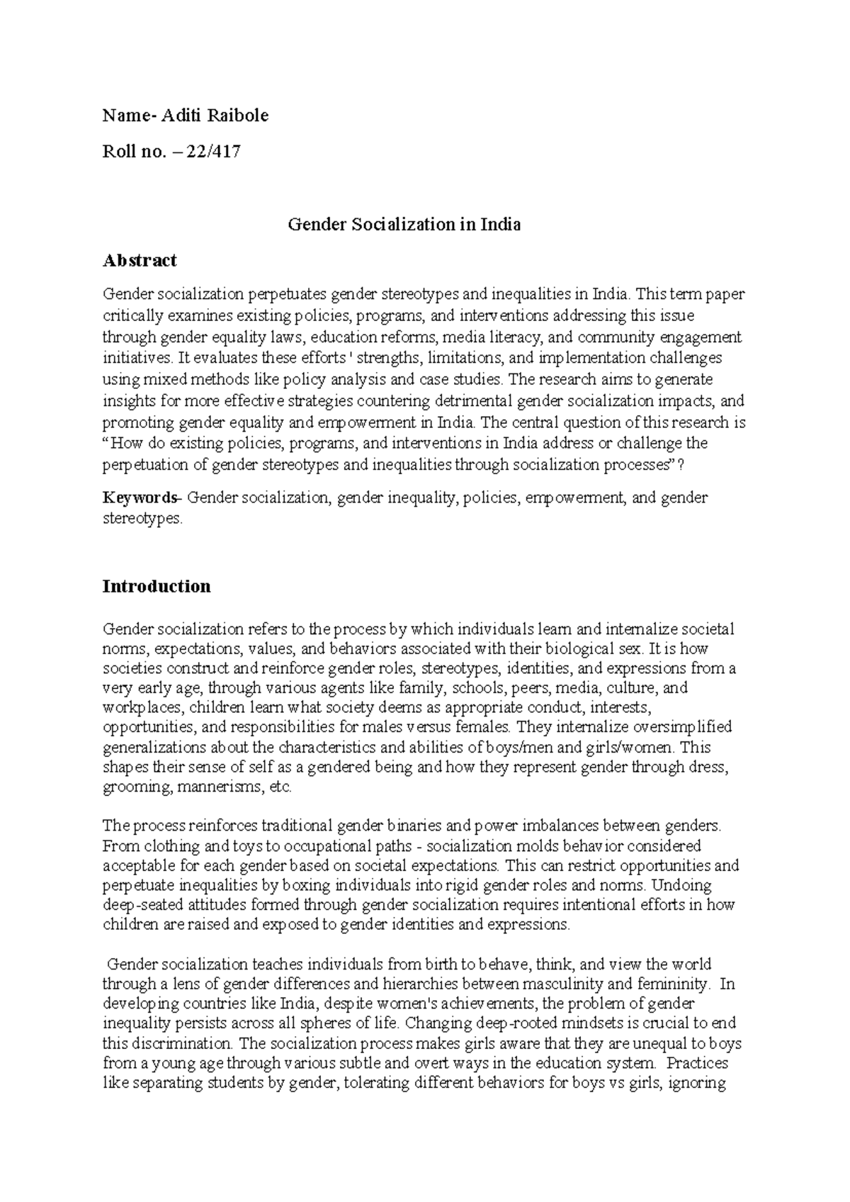 Gender socialization term paper - Name- Aditi Raibole Roll no. – 22 ...