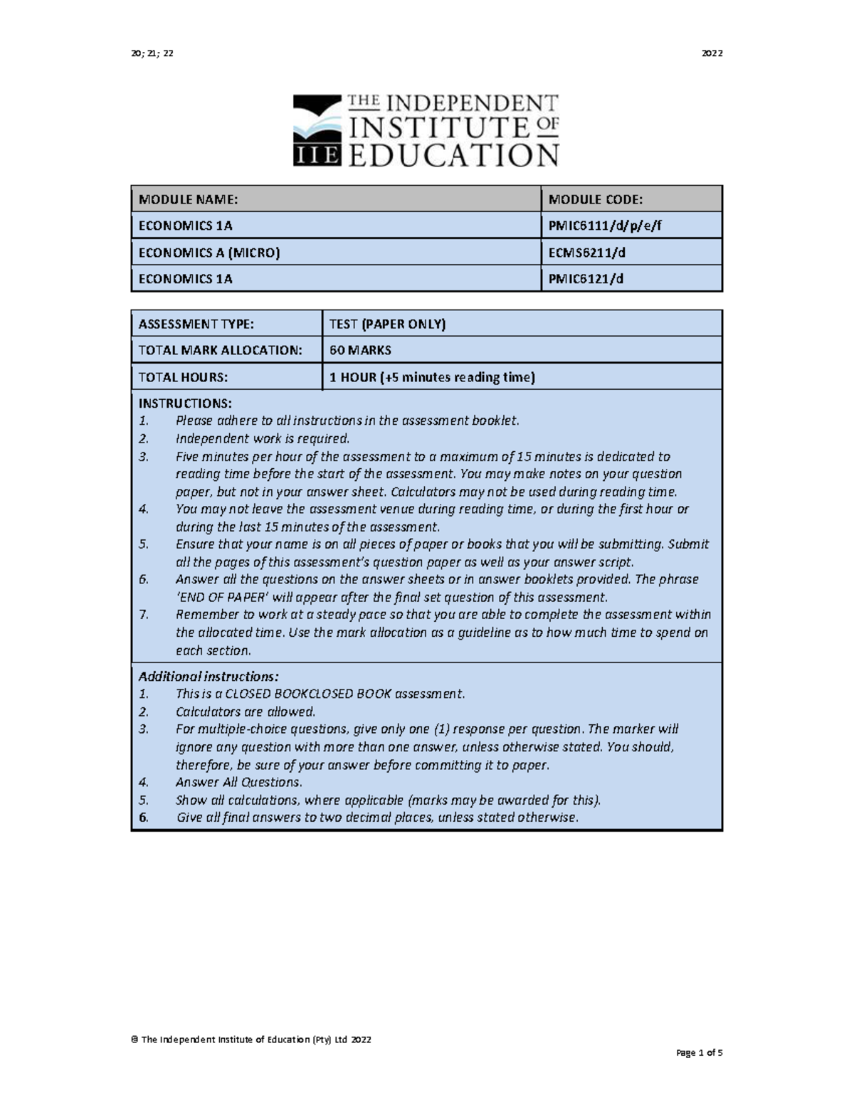 PMIC5111 T1 2022 - practice - © The Independent Institute of Education ...