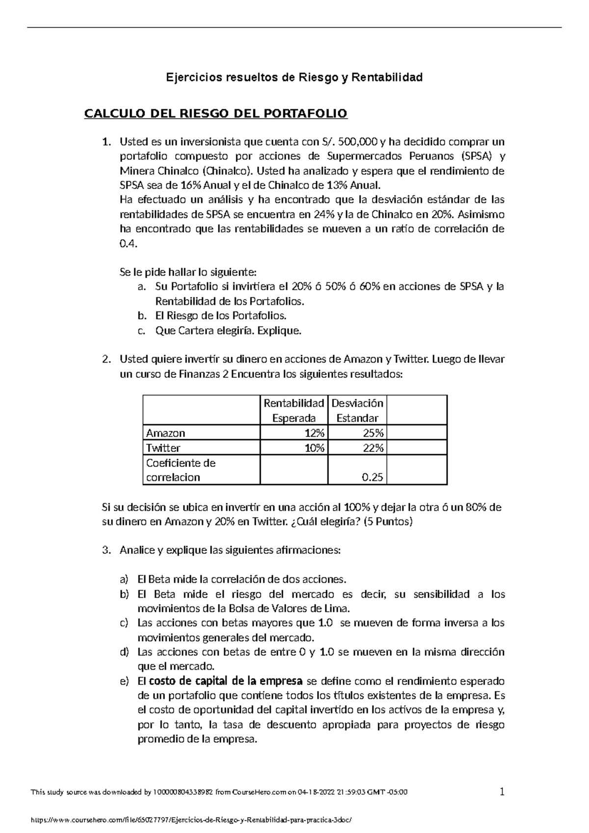 Ejercicios De Riesgo Y Rentabilidad Para Practica 3 - Administracion ...