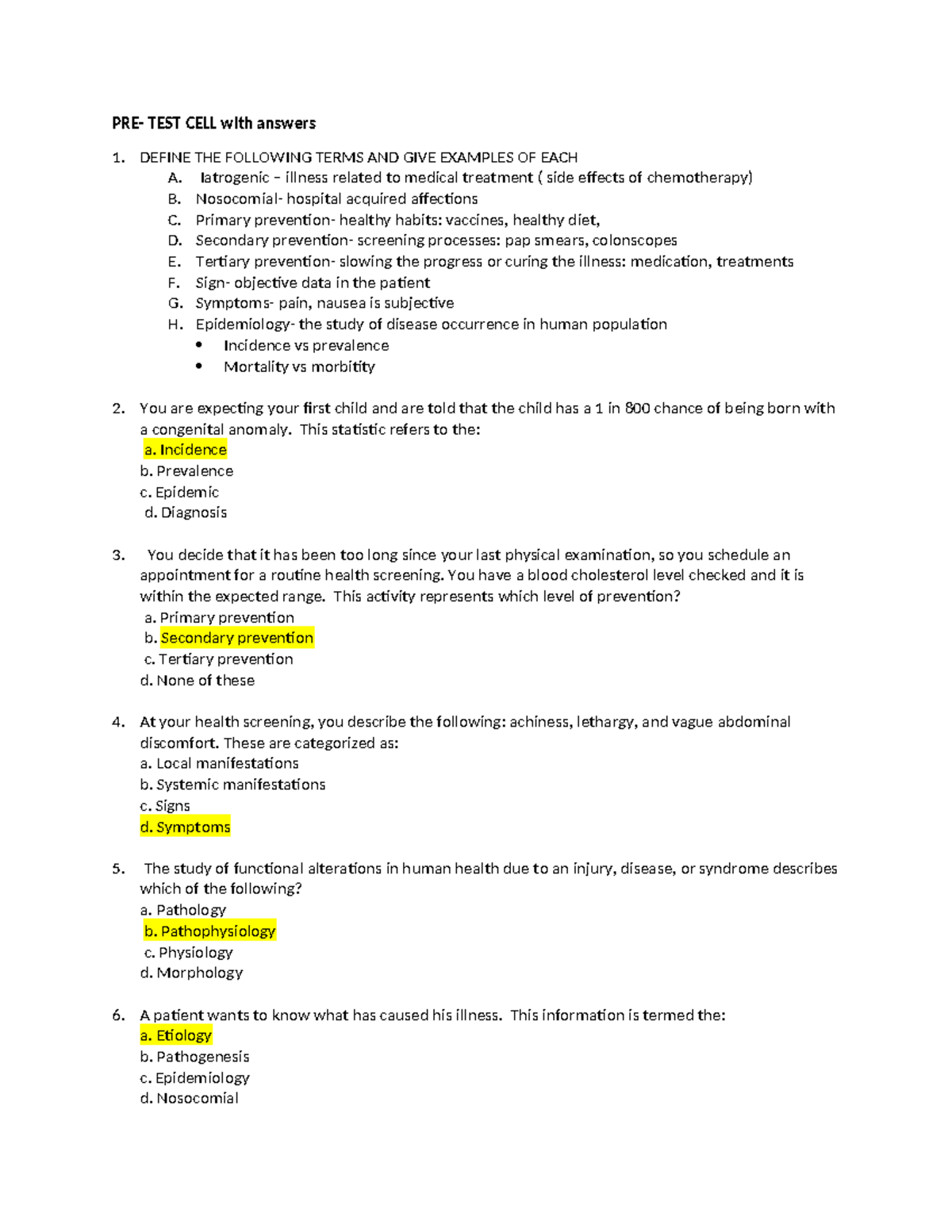 patho exam 1 without answers - PRE- TEST CELL with answers DEFINE THE ...