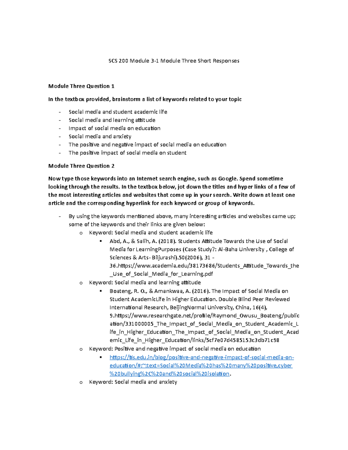 SCS 200 Module 3-1 Short Responses - SCS 200 Module 3-1 Module Three ...