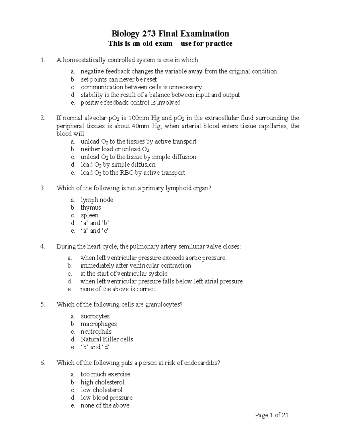 Biol 273 practice final exam Biology 273 Final Examination This is an
