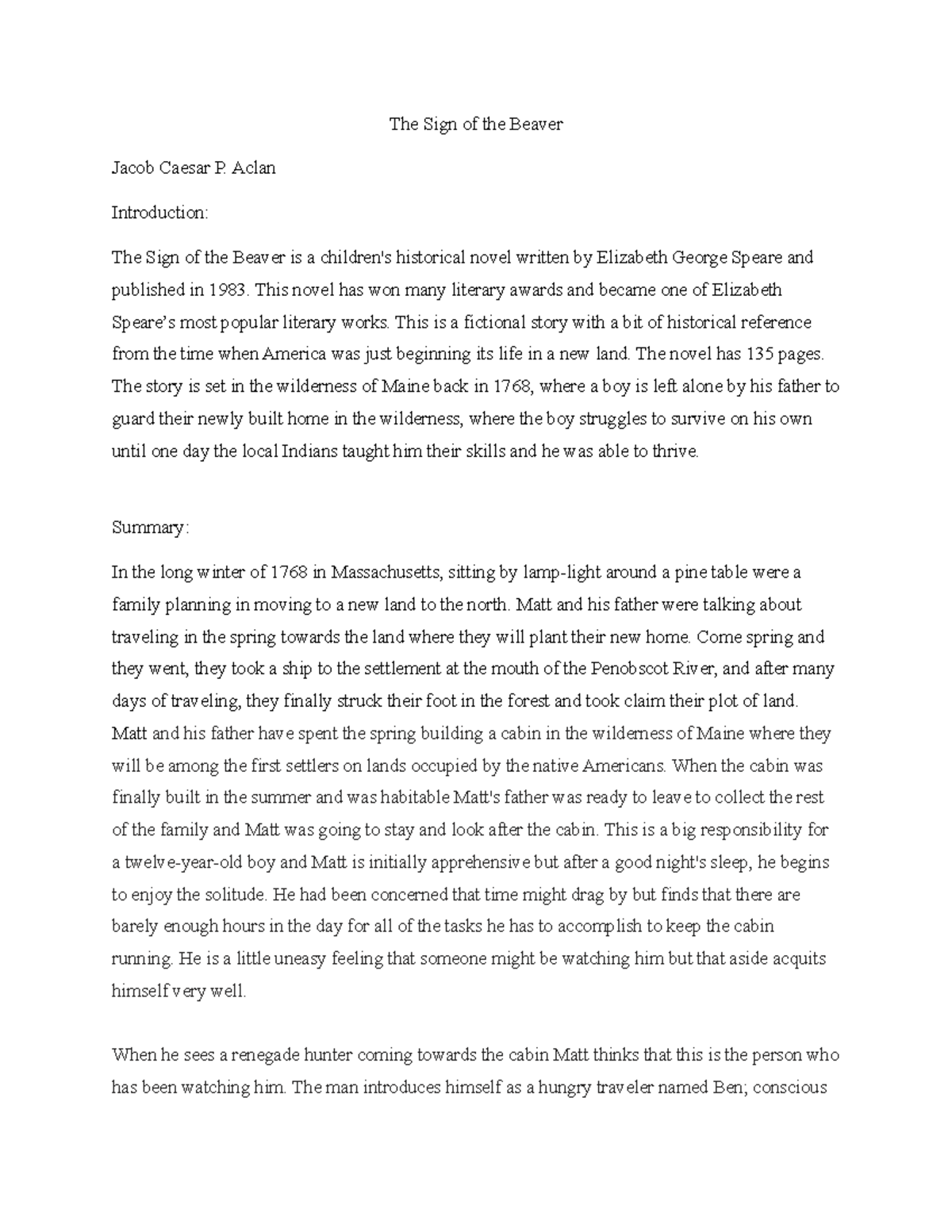 The Sign of the Beaver book report The Sign of the Beaver Jacob