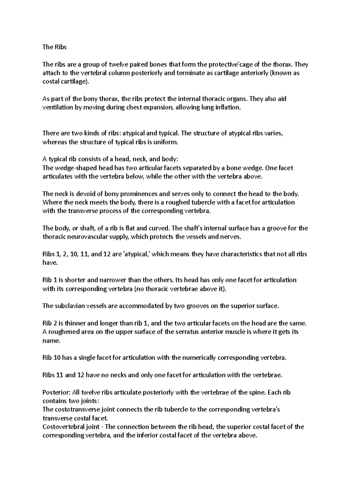Notes on Ribs - The Ribs The ribs are a group of twelve paired bones ...