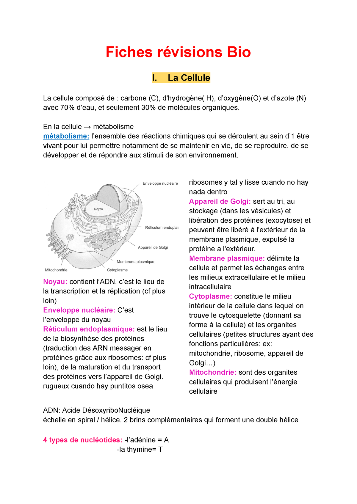 Fiches Révisions Bio - Résumé Biologie - Fiches Révisions Bio I. La ...