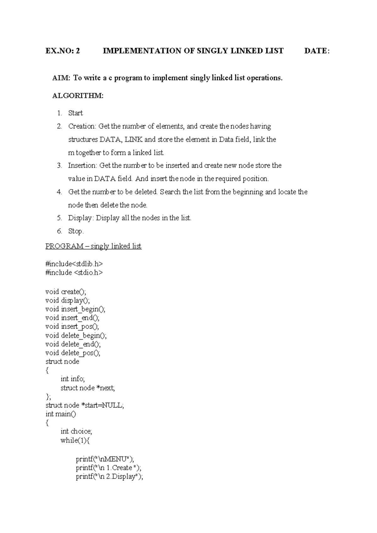 EX.2 DS Lab - Ex.no.1 - EX: 2 IMPLEMENTATION OF SINGLY LINKED LIST DATE ...