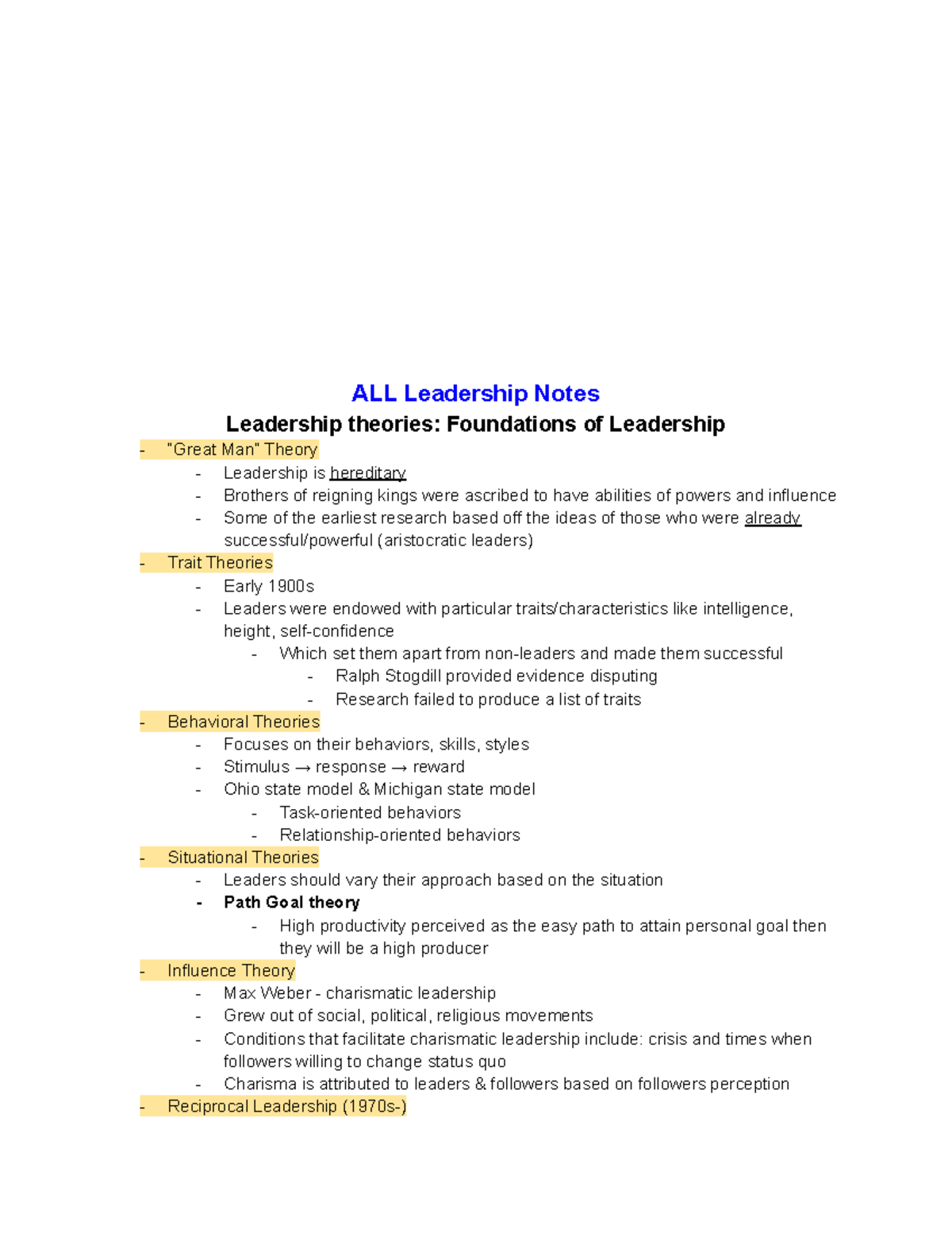 ALL Leadership Notes - ALL Leadership Notes Leadership Theories ...