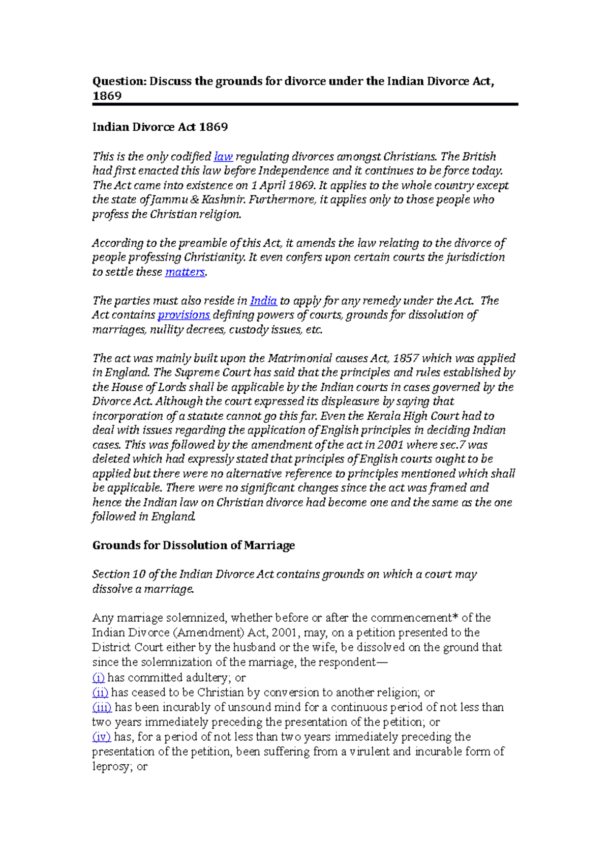 Indian Divorce Act Question Discuss the grounds for divorce under