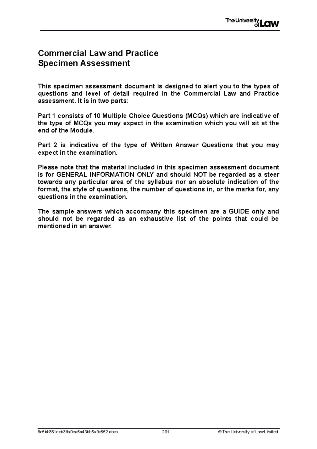 2223 comm ce01 specimen assessment t Commercial Law and Practice