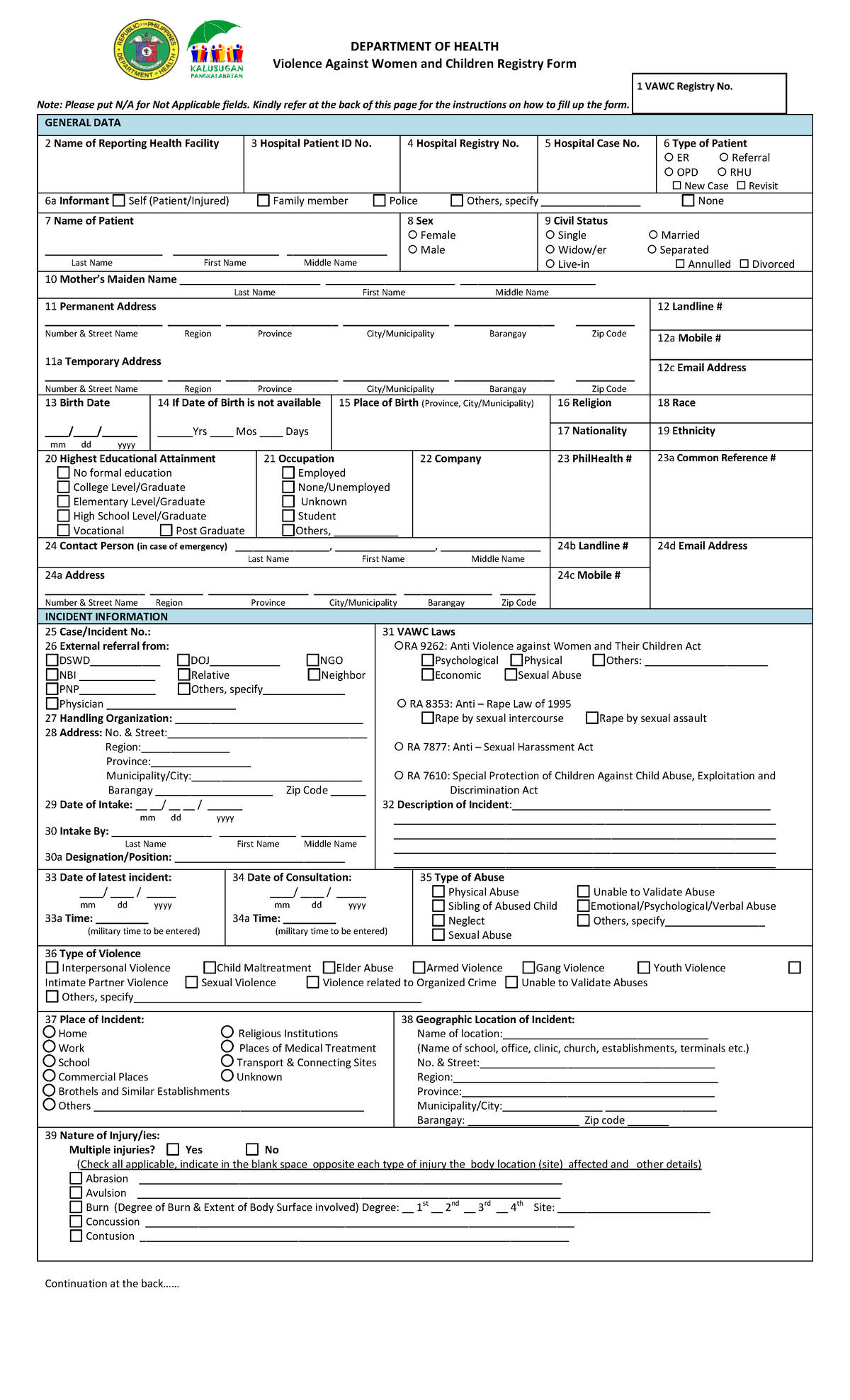 VAWC form - Violence Against Women and Children Registry Form Note ...