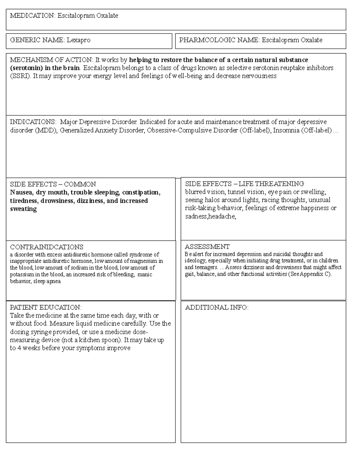 Psych med card 3 - Lexapro - Drug template FOR SIMULATION - MECHANISM ...