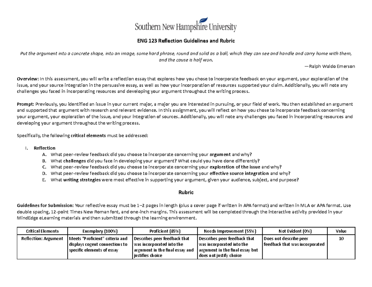 ENG 123 Reflection Guidelines and Rubric - —Ralph Waldo Emerson ...