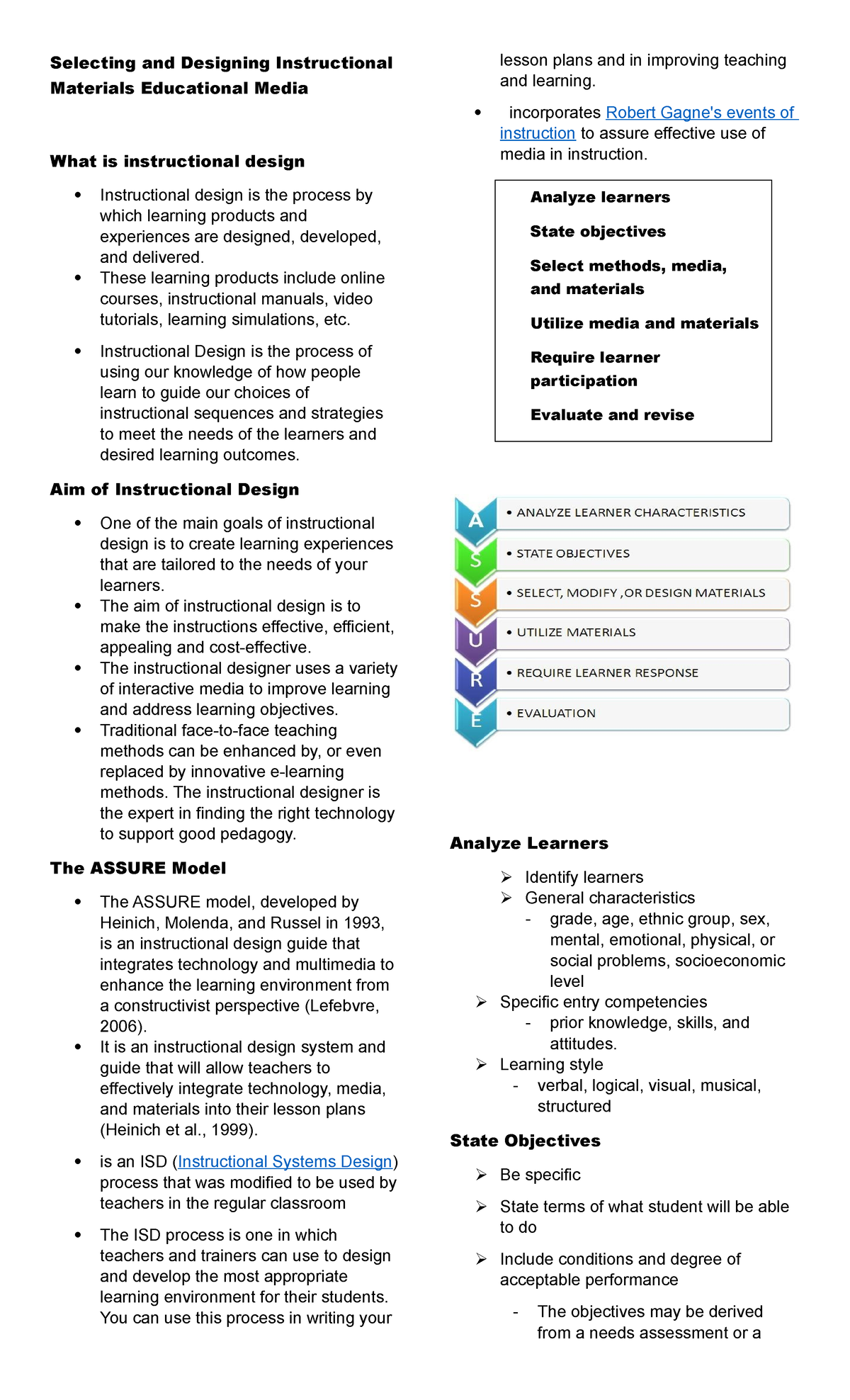 Assure- Gagne- Addie Reviewer - Selecting and Designing Instructional ...