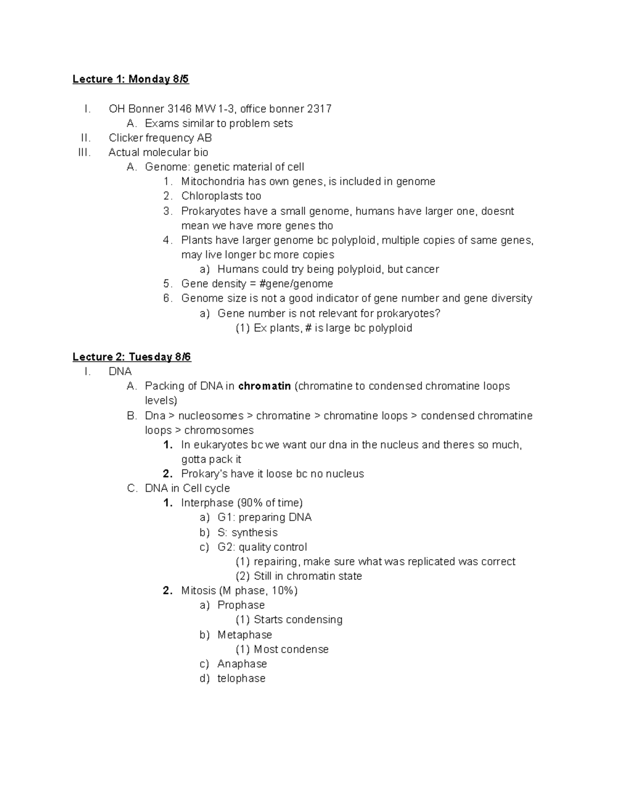 Bimm100 Lecture Notes - Lecture 1: Monday 8/ I. OH Bonner 3146 MW 1-3 ...