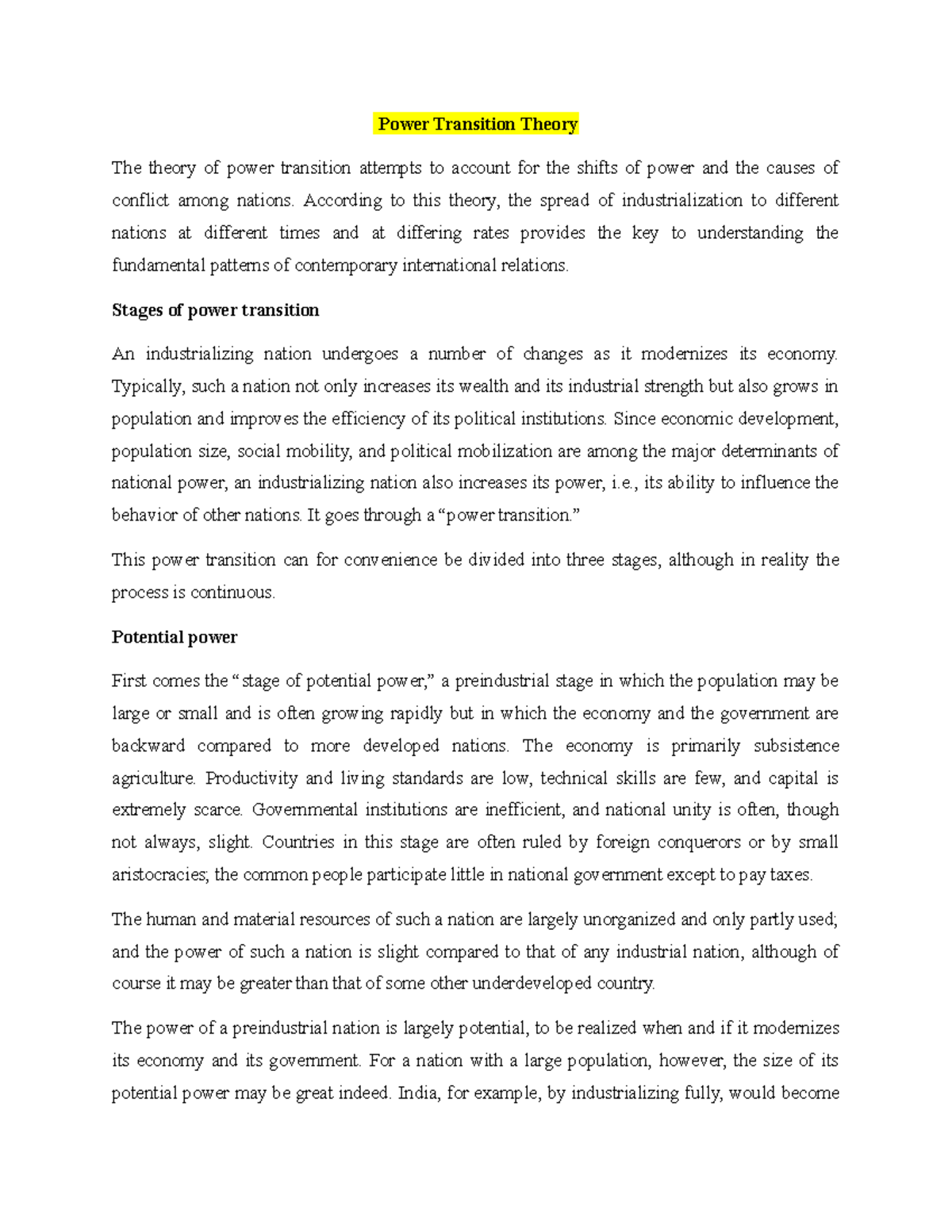 Power Transition theory Power Transition Theory The theory of power