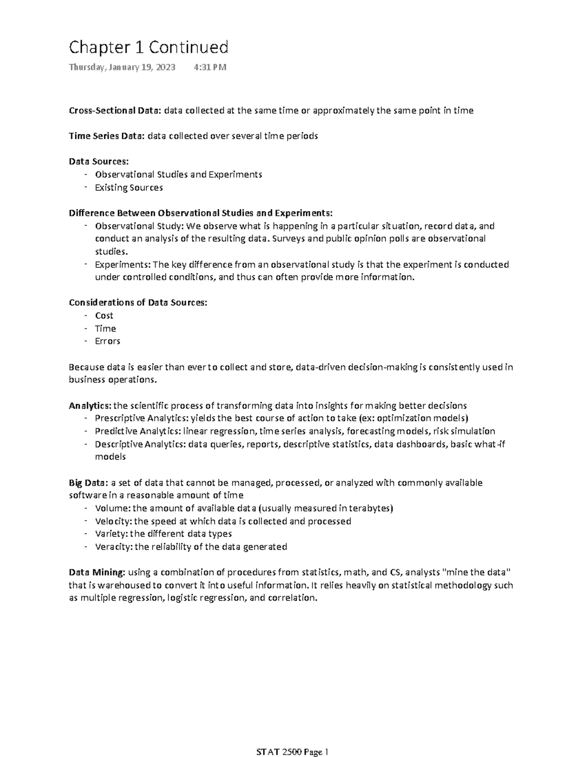 Chapter 1 Pt. 2 - Cross-Sectional Data: data collected at the same time ...