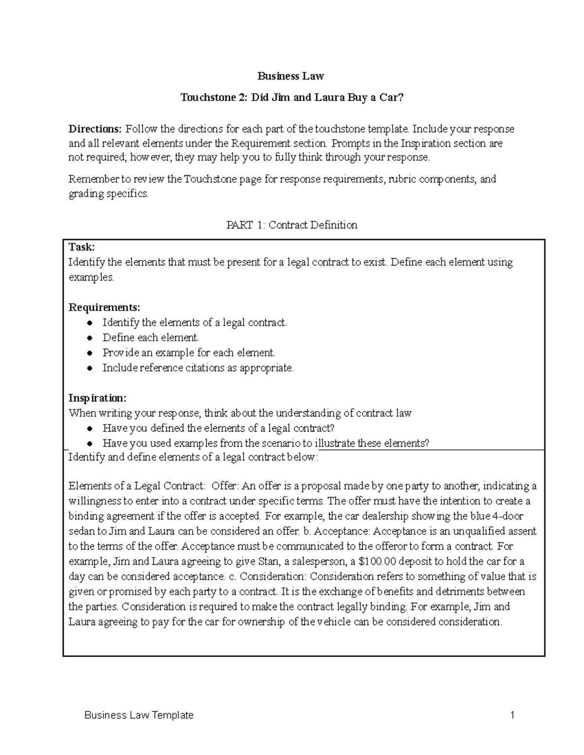 Touchstone 2 Template filled out - Business Law Touchstone 2: Did Jim ...