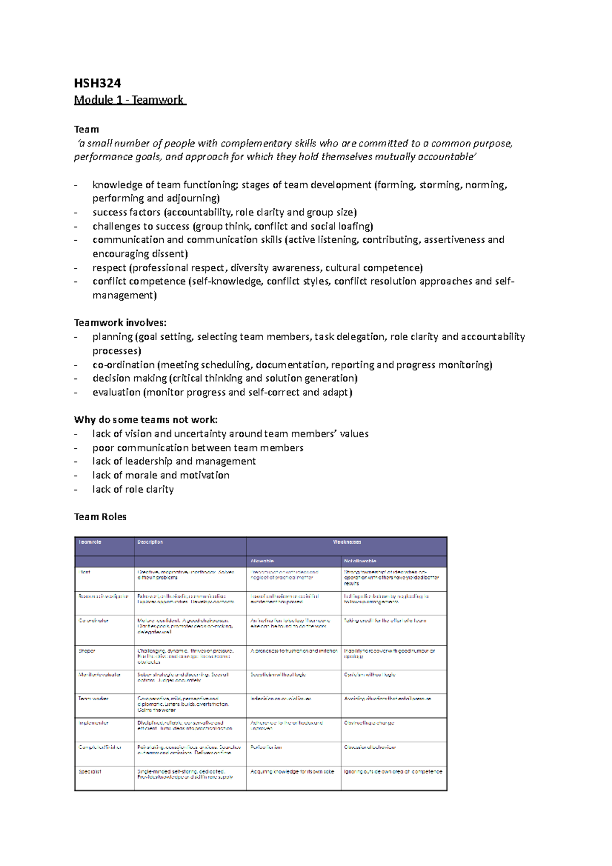 HSH324 Notes - HSH Module 1 - Teamwork Team ‘a small number of people ...