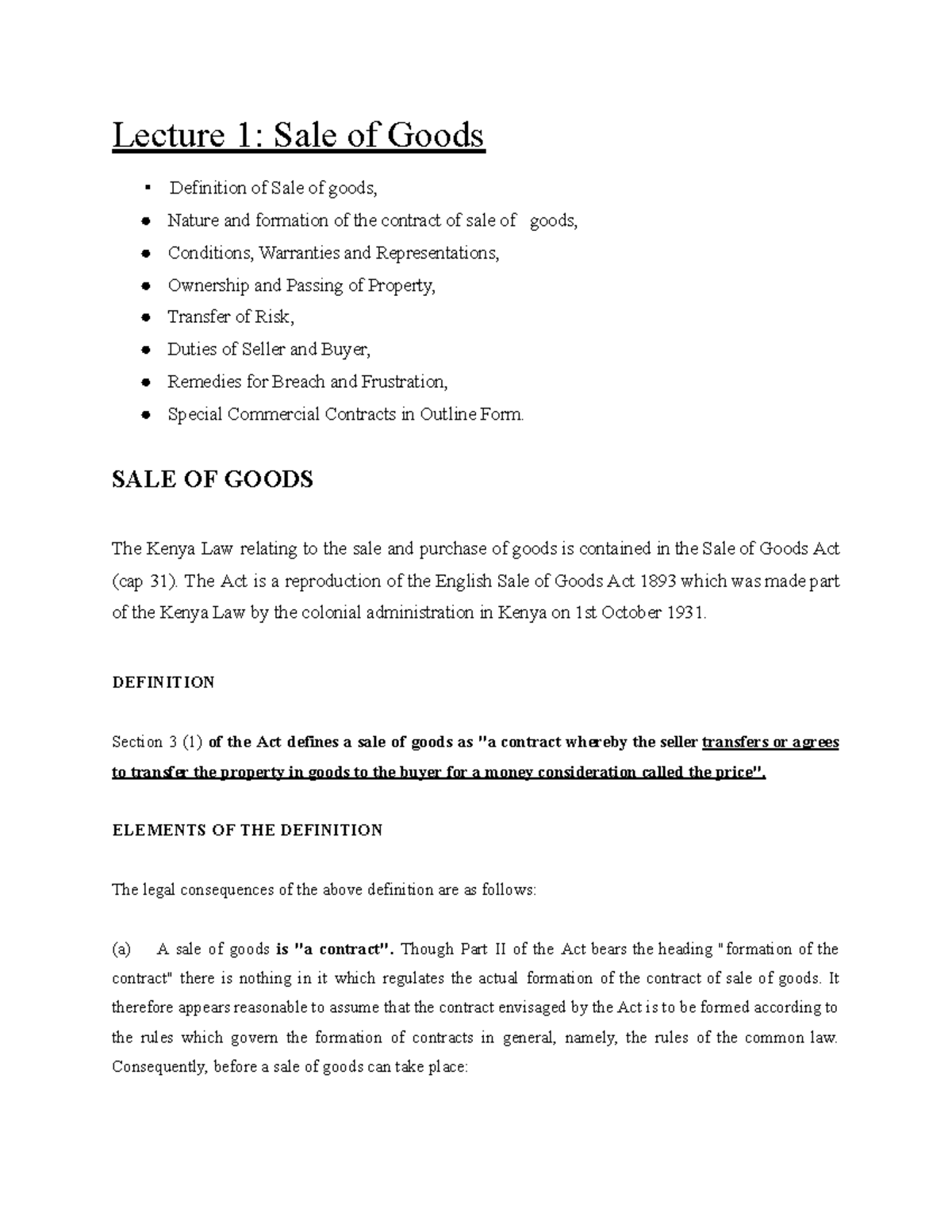 Commercial Law Notes (Sale of Goods) Summary - Lecture 1: Sale of Goods ...