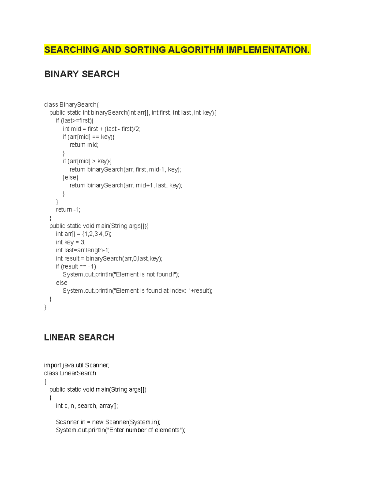 Searching and Sorting algorithm Implementation in JAVA - SEARCHING AND ...