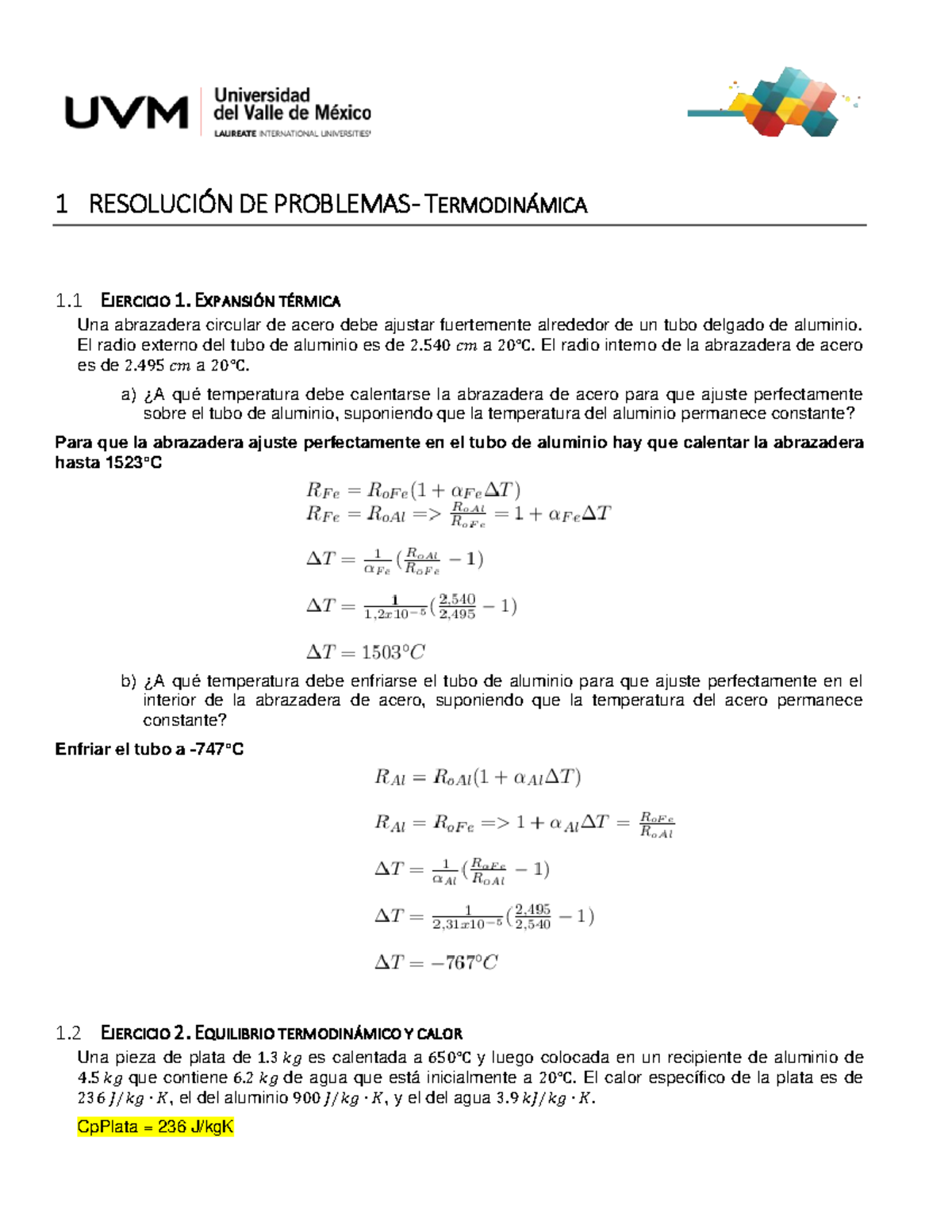 U5 Ejercicios Termodinamica - 1 RESOLUCI”N DE PROBLEMAS- TERMODIN¡MICA ...