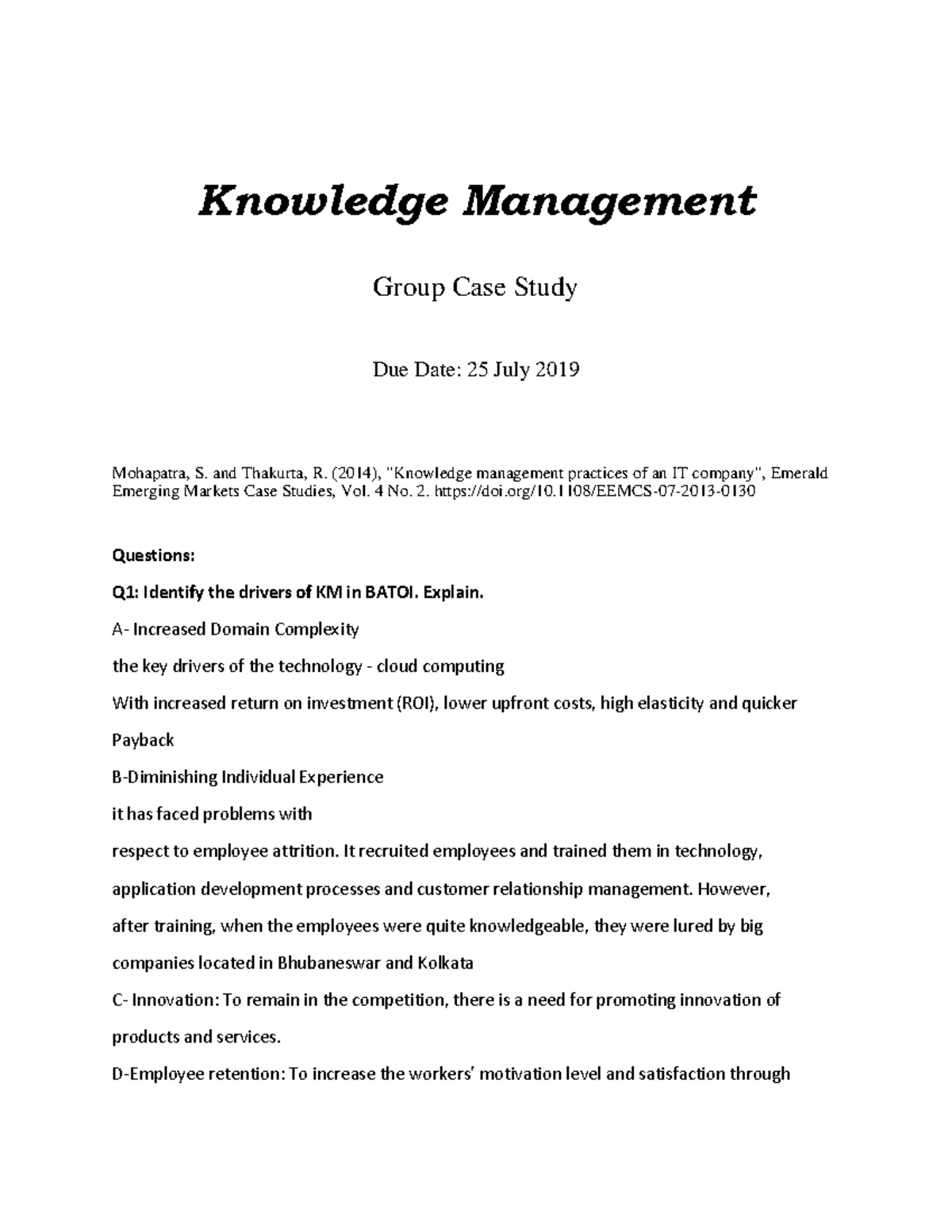 knowledge management assignment questions