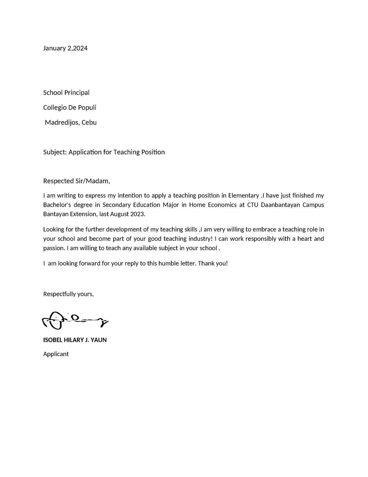 Applicationletter - Application - January 2, School Principal Collegio ...