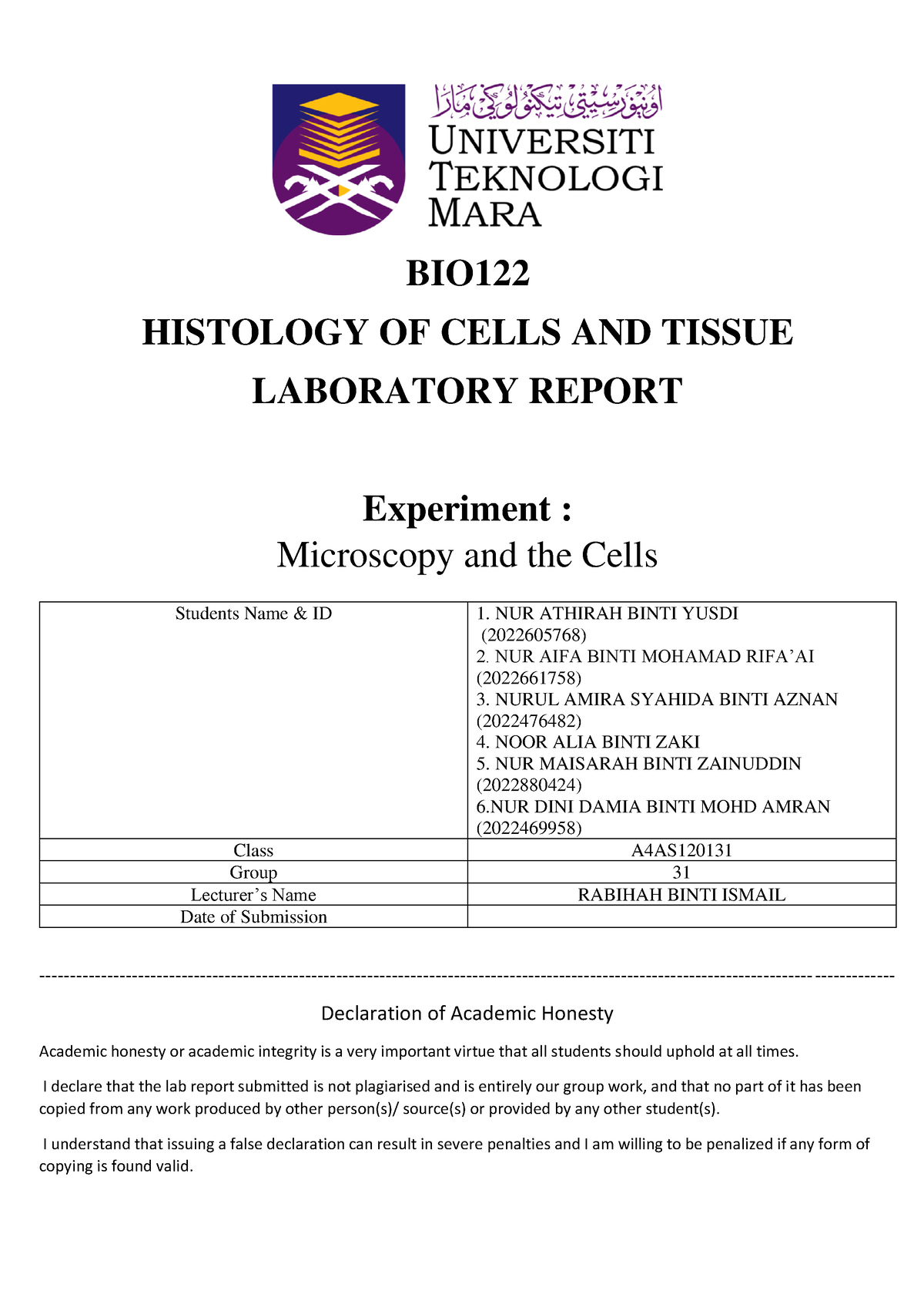 BIO122 Experiment 1 - BIO HISTOLOGY OF CELLS AND TISSUE LABORATORY ...