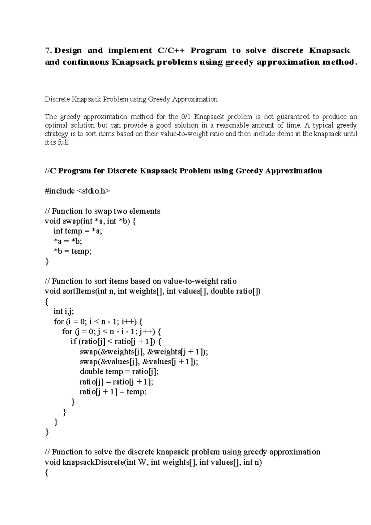 Knapsack discrete continious - 7. Design and implement C/C++ Program to ...